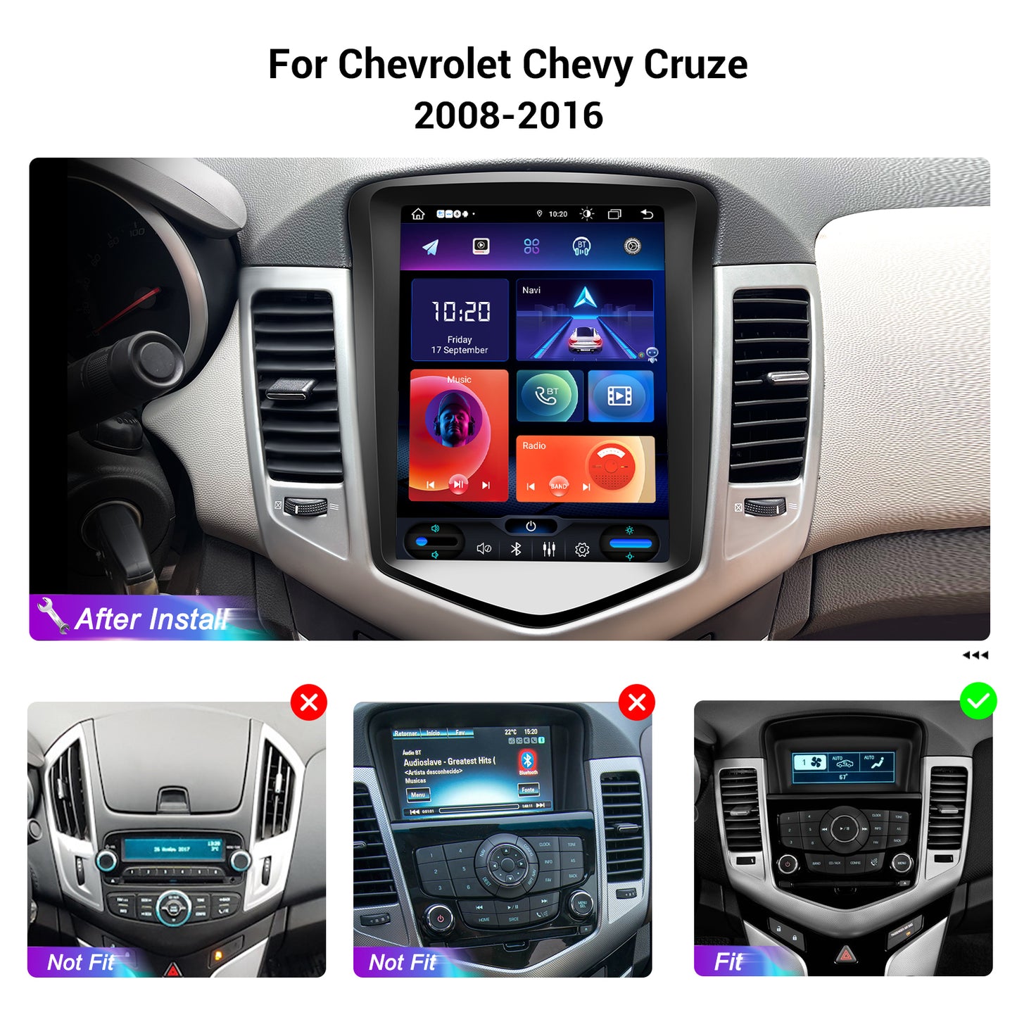 Roadanvi F10 8GB+128GB Tesla Style Car Radio for Chevrolet Chevy Cruze 2008-2016, Wireless Carplay, Android Auto, Car Stereo 9.7" HD Android, Head Unit, QLED Touch Screen,GPS Navigation