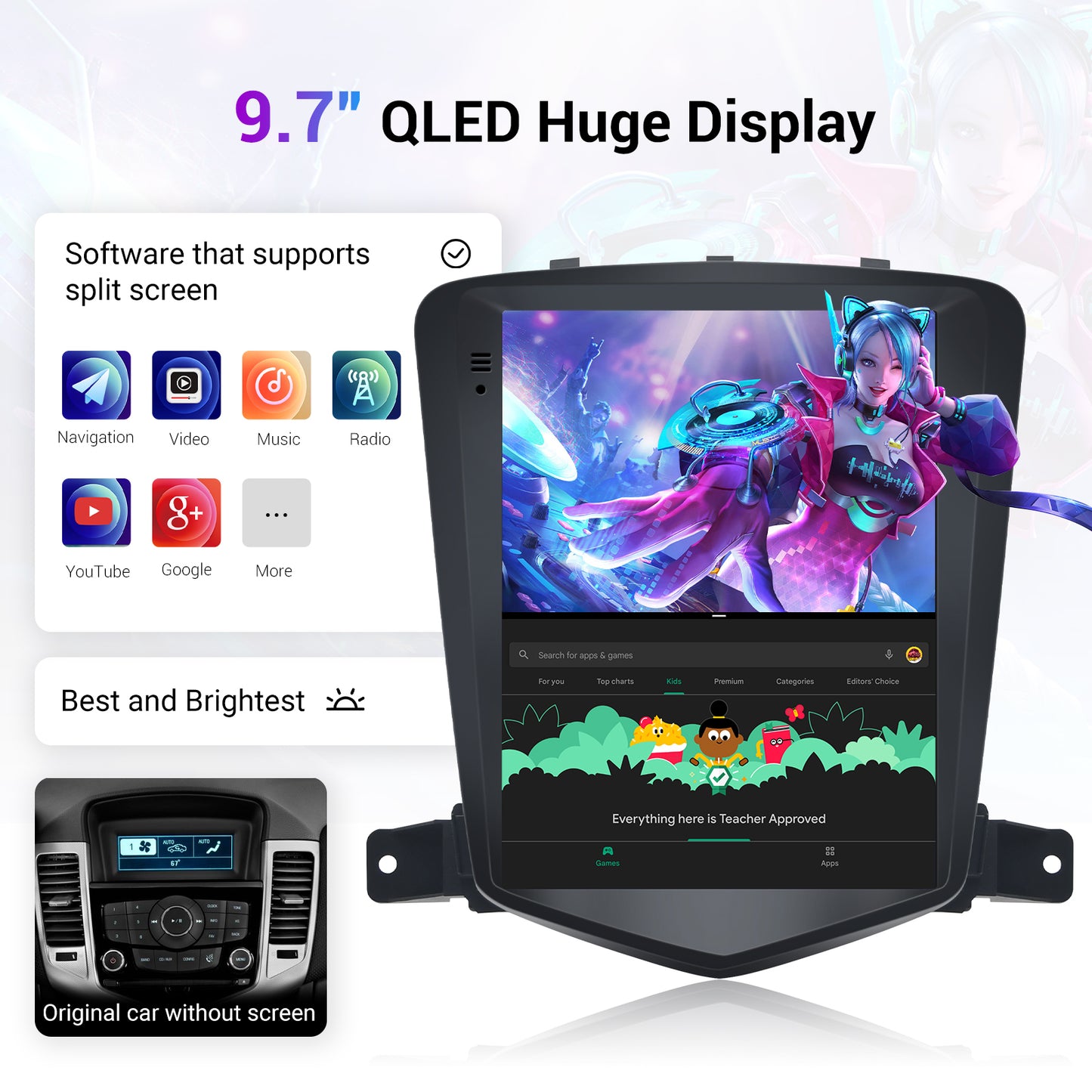 Roadanvi F10 8GB+128GB Tesla Style Car Radio for Chevrolet Chevy Cruze 2008-2016, Wireless Carplay, Android Auto, Car Stereo 9.7" HD Android, Head Unit, QLED Touch Screen,GPS Navigation