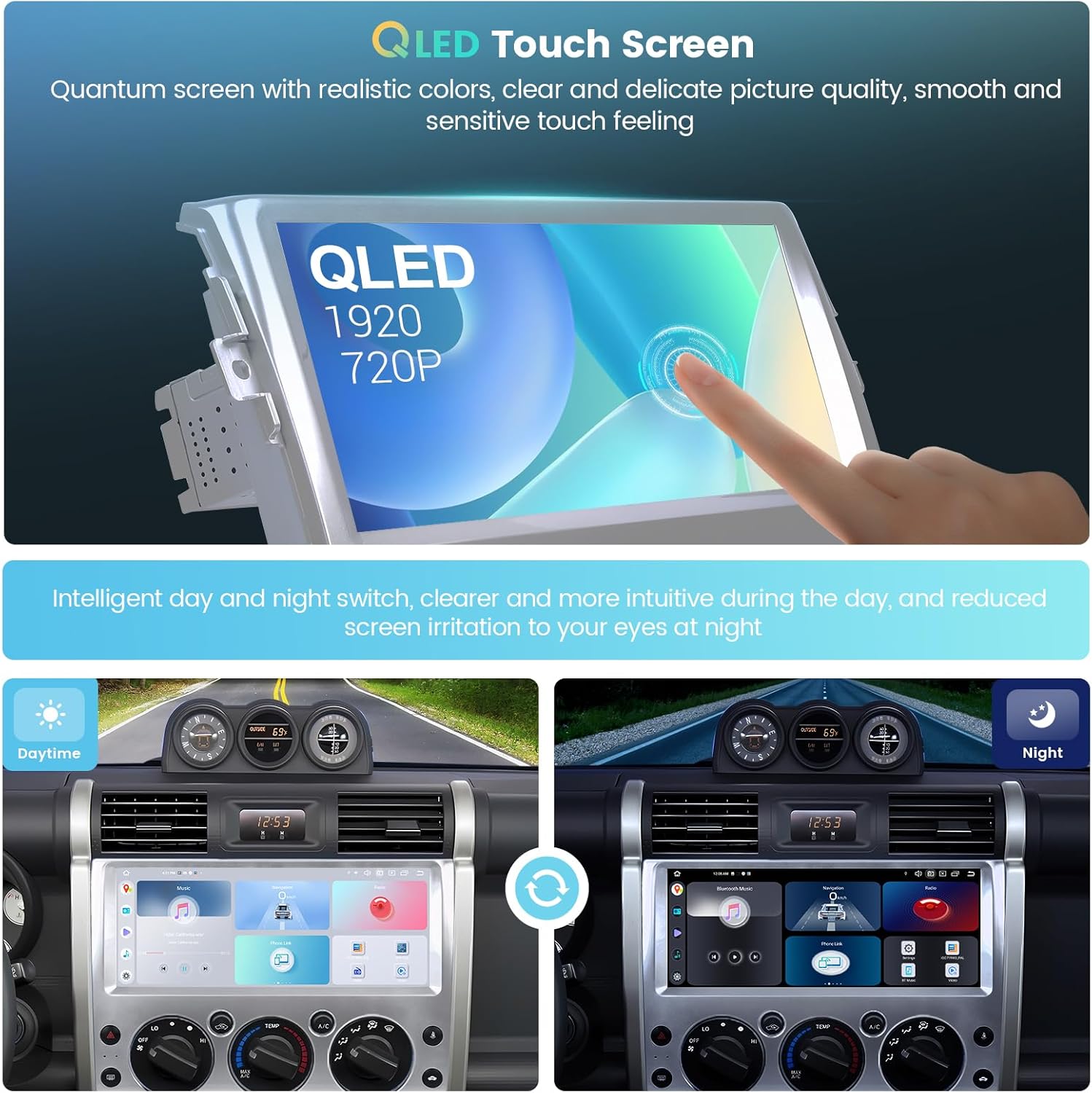 Roadanvi X12 Car Stereo 12.3" QLED Touchscreen Head Unit for Toyota FJ Cruiser 2007-2018 Wireless CarPlay Andorid Auto Radio Bluetooth 2K GPS Navigation Silver