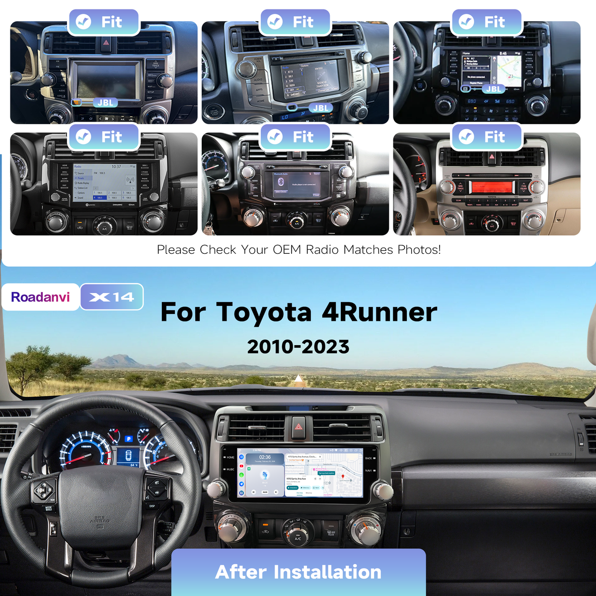 Roadanvi X14 6G+128G 10.25" Head Unit for Toyota 4Runner 2010-2023 Wireless Carplay Android Auto 4G LTE Car Radio 2K 1920×720 QLED Touch Screen Car Stereo Android 14 GPS Navigation,Black