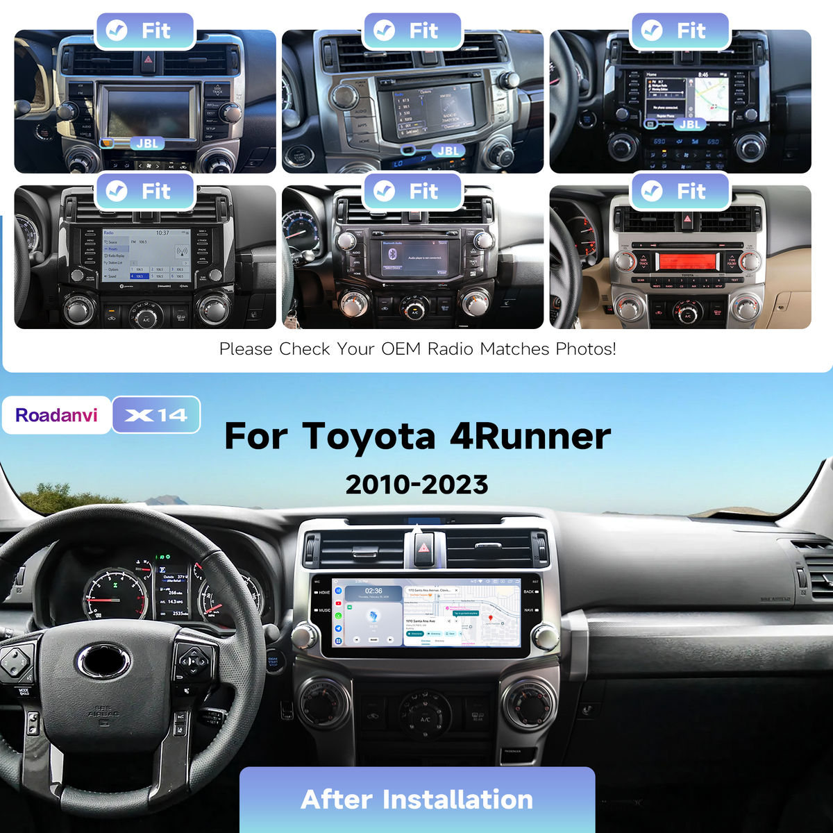 Roadanvi X14 Wireless CarPlay & Android Auto Head Unit for Toyota 4Runner 2010-2023 10.25" 2K QLED, Supports 360° Camera, Android 14, 6GB+128GB