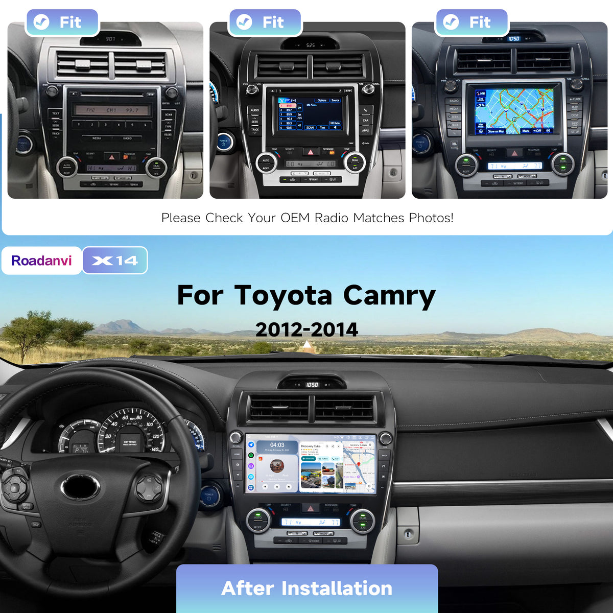 Roadanvi X14 6G+128G Car Stereo for Toyota Camry 2012 2013 2014 Wireless Carplay Android Auto Car Radio Bluetooth 5.2 Android 14 Head Unit GPS Navigation WiFi 4G LTE 10.33" QLED Touch Screen