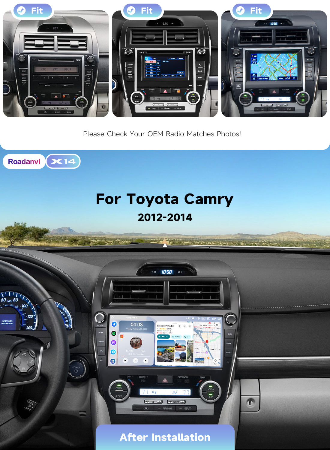 Roadanvi X14 6G+128G Car Stereo for Toyota Camry 2012 2013 2014 Wireless Carplay Android Auto Car Radio Bluetooth 5.2 Android 14 Head Unit GPS Navigation WiFi 4G LTE 10.33" QLED Touch Screen