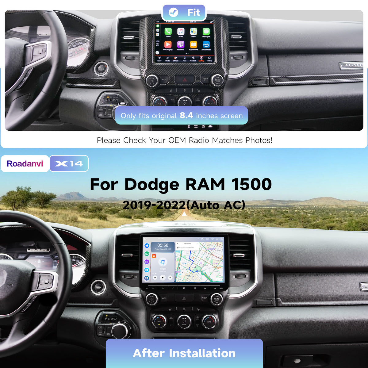 Roadanvi X14 6GB+128GB Car Radio for Dodge RAM AUTO AC 2019-2022 10.2 Inch QLED Screen, Wireless CarPlay, Android Auto, Android 14, Plug and Play Upgrade, 4G LTE/5G WiFi
