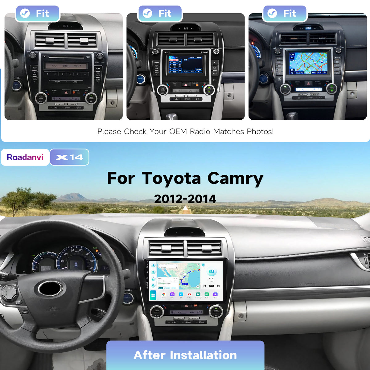 Roadanvi Android 14 6G+128G 10.2" Car Stereo for Toyota Camry 2012-2014 Wireless Carplay Android Auto Car Radio GPS Navigation Bluetooth 5.2 Head Unit WiFi 4G LTE 1280x720 QLED Touch Screen, X14