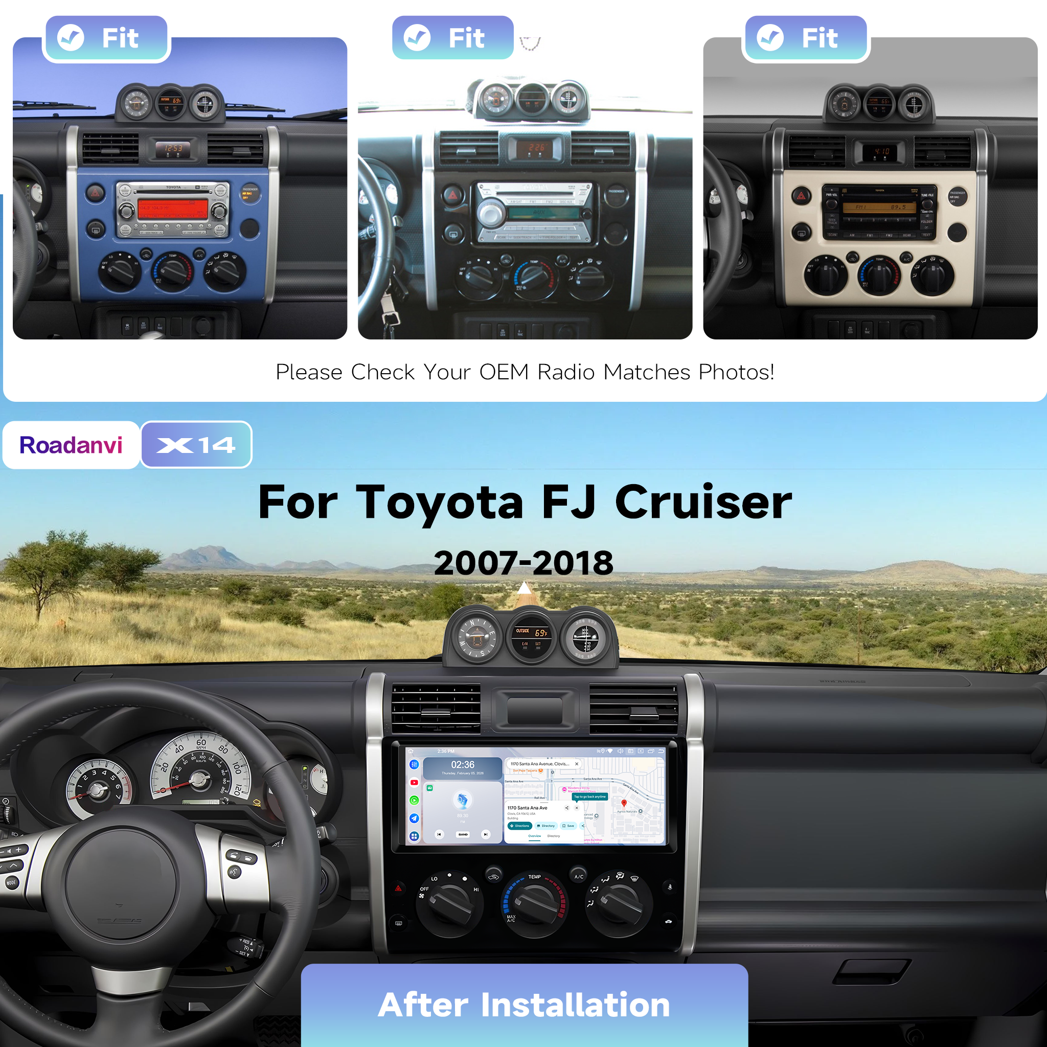 Roadanvi X14 12.3" Radio for Toyota FJ Cruiser 2007-2018,Wireless Apple Carplay Andorid Auto,6GB+128GB Head Unit Bluetooth 5.2 Car Stereo 2K QLED Touchscreen 1920x720 GPS Navigation,Black