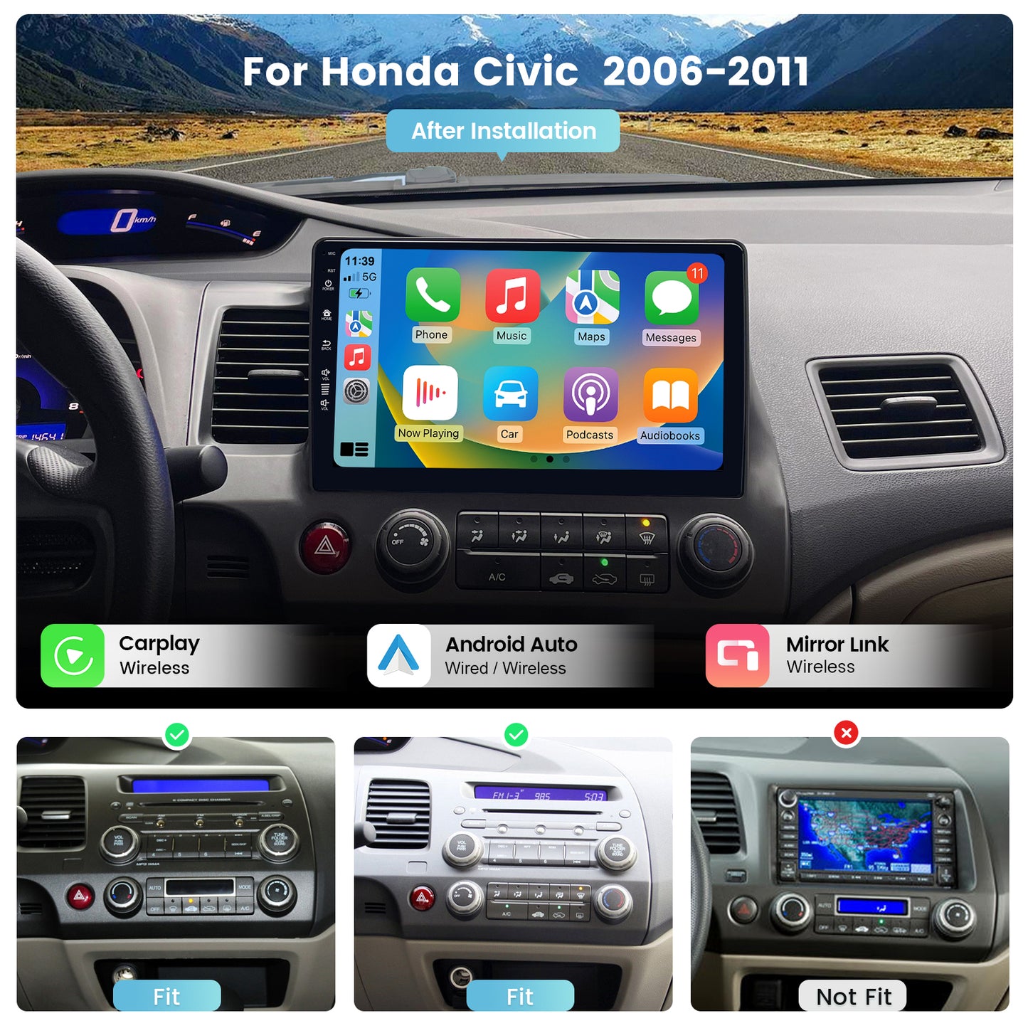 Roadanvi 10.2" Radio X12 Car Stereo for Honda Civic 2007-2011 Wireless CarPlay & Android Auto 4G LTE DTS GPS Navigation Head Unit 6G+64G