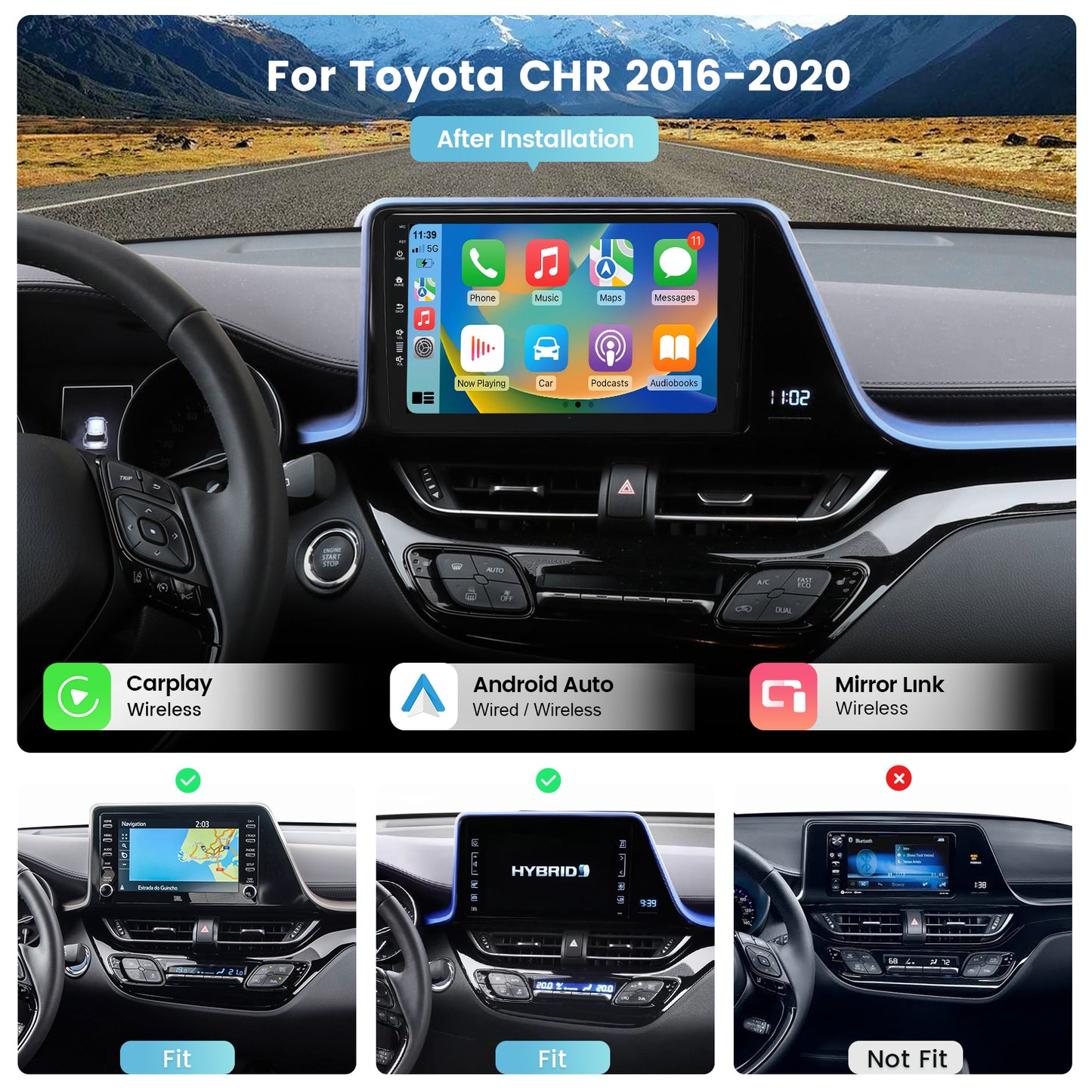 Roadanvi X12 Car Stereo for Toyota CHR 2016-2020 Carplay & Android Auto Head Unit, WiFi & 4G LTE GPS Navigation 1280x720 QLED 9" Touch Screen 4GB+64GB Bluetooth