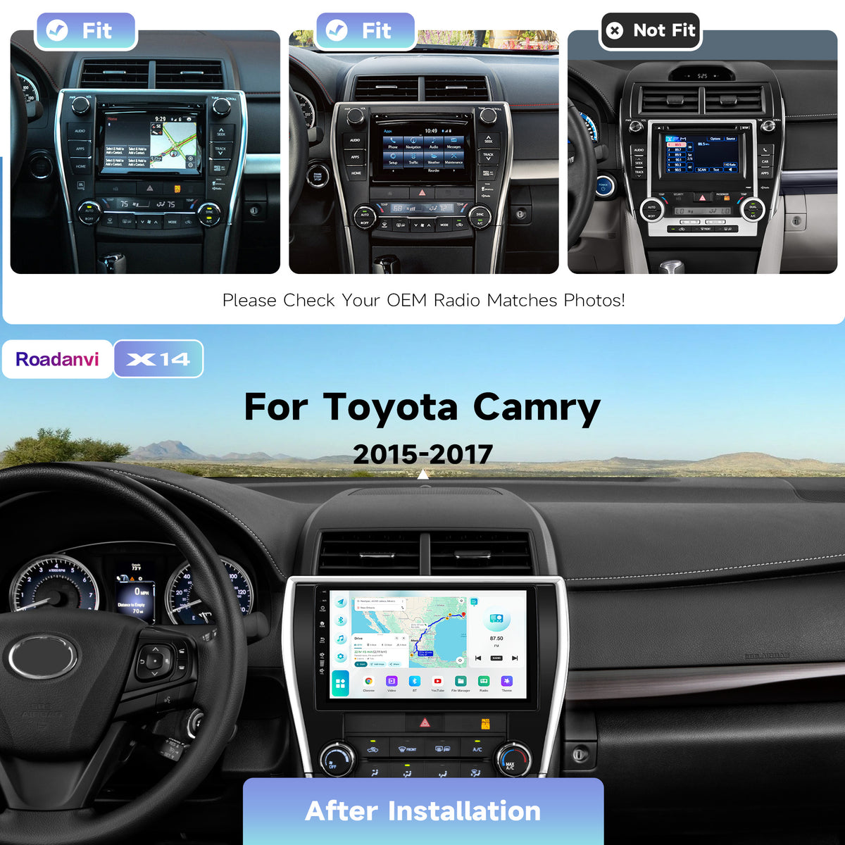 Roadanvi Android 14 6G+128G Car Radio for Toyota Camry 2015 2016 2017 Wireless Carplay Android Auto Car Stereo GPS Navigation WiFi 4G LTE 10.2" QLED Touch Screen Head Unit Bluetooth 5.2 DTS X14