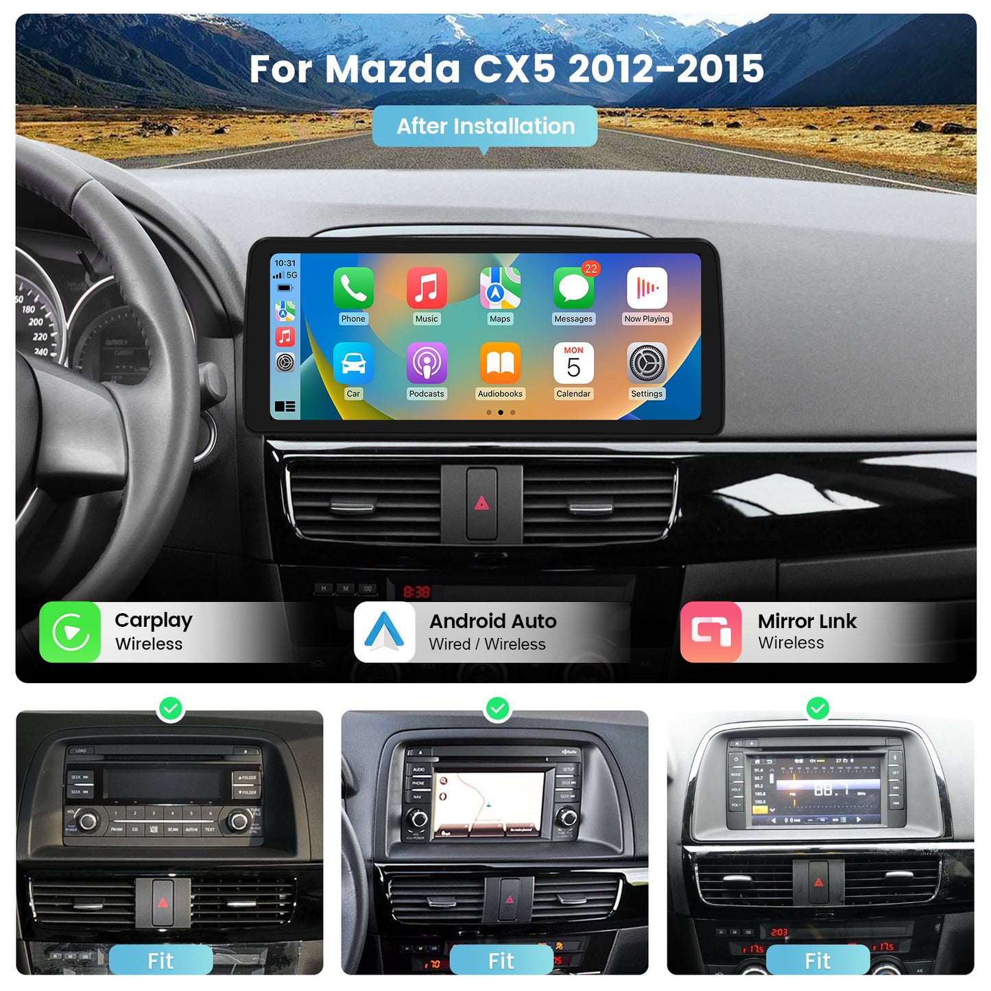 Roadanvi X12 Car Stereo for Mazda CX5 2012-2015 Car Radio CarPlay Android Auto Bluetooth WiFi 4G LTE 12.3" QLED 1920x720 Touch Screen Android 12 Head Unit 4G+64G GPS Navigation