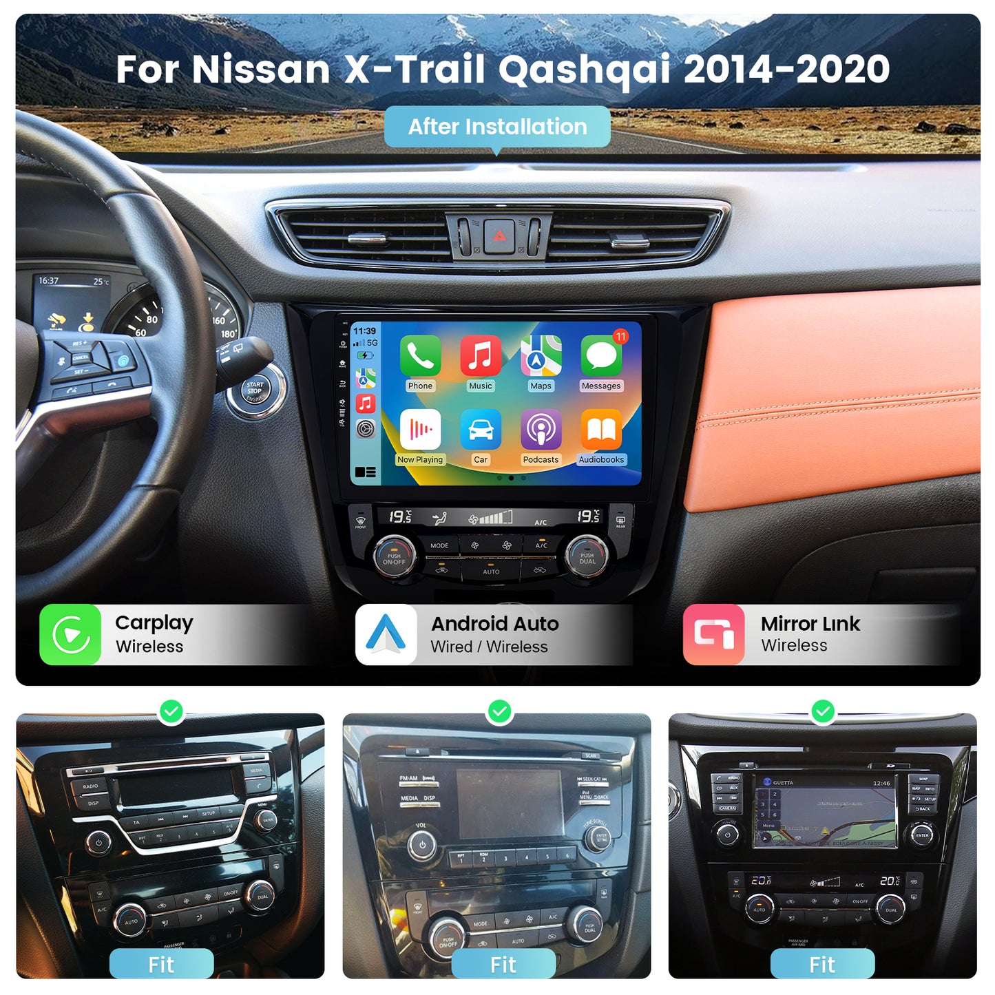 Roadanvi X12 Car Stereo for Nissan X-Trail Qashqai Rogue 2014-2020 Wireless CarPlay & Android Auto Car Radio 4G LTE GPS Navigation 10.2" QLED Touch Screen Head Unit 4GB RAM+64GB ROM