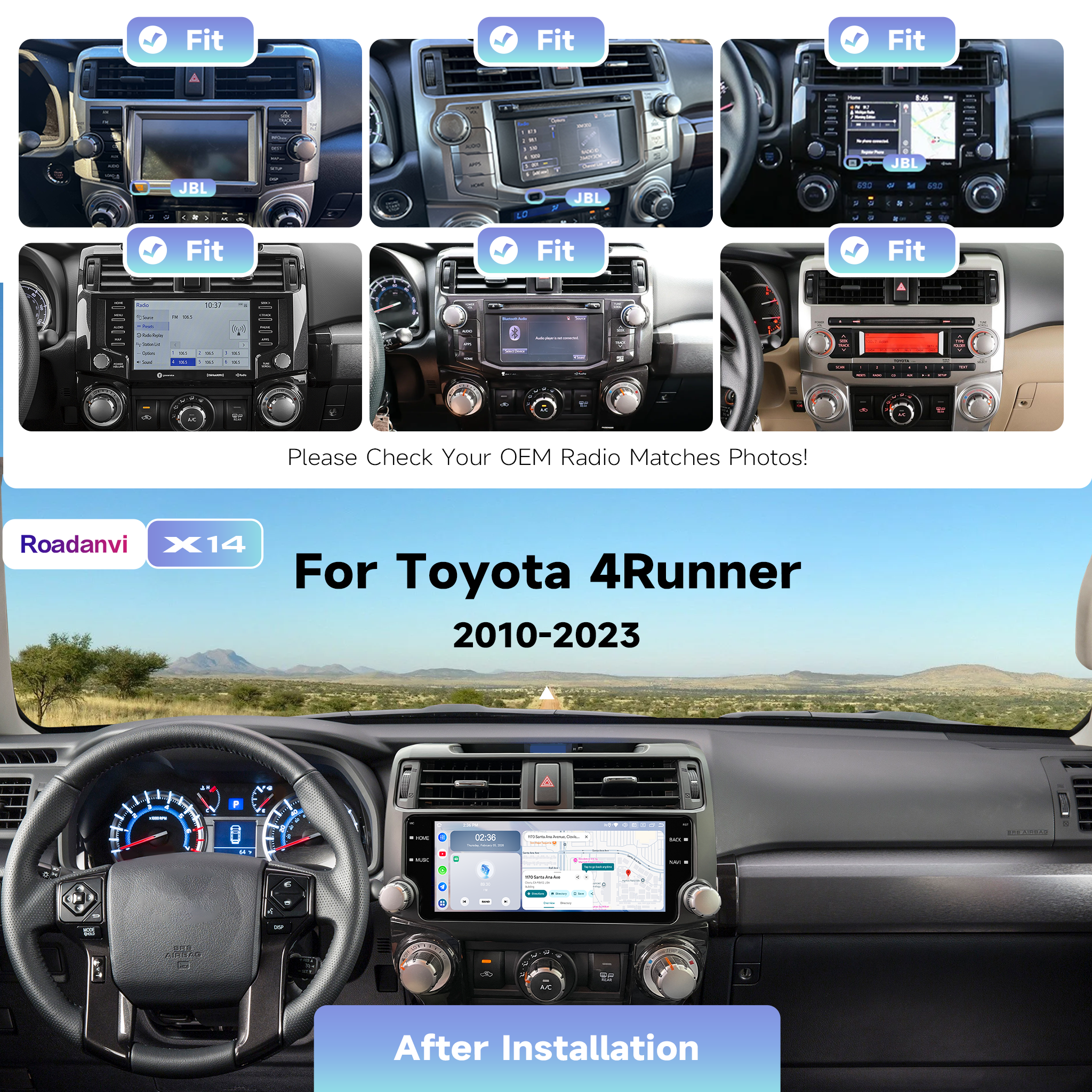 Roadanvi X14 6G+128G 10.25" Head Unit for Toyota 4Runner 2010-2023 Wireless Carplay Android Auto 4G LTE Car Radio 2K 1920×720 QLED Touch Screen Car Stereo Android 14 GPS Navigation,Black