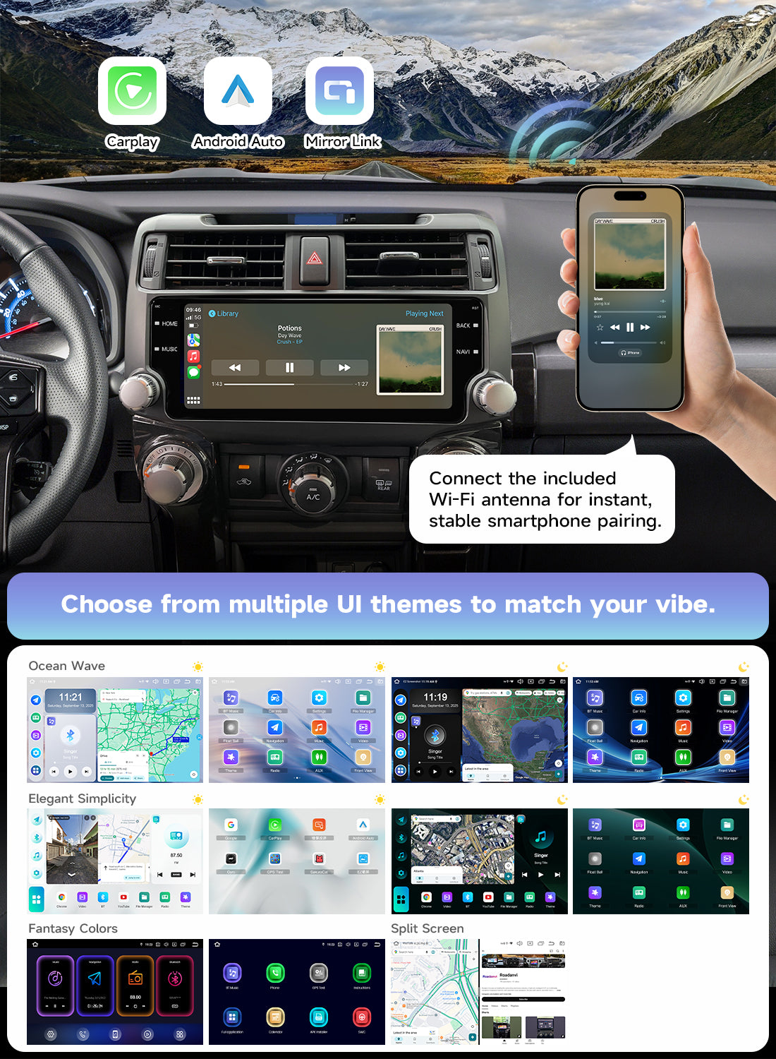 Roadanvi X14 6G+128G 10.25" Head Unit for Toyota 4Runner 2010-2023 Wireless Carplay Android Auto 4G LTE Car Radio 2K 1920×720 QLED Touch Screen Car Stereo Android 14 GPS Navigation,Black