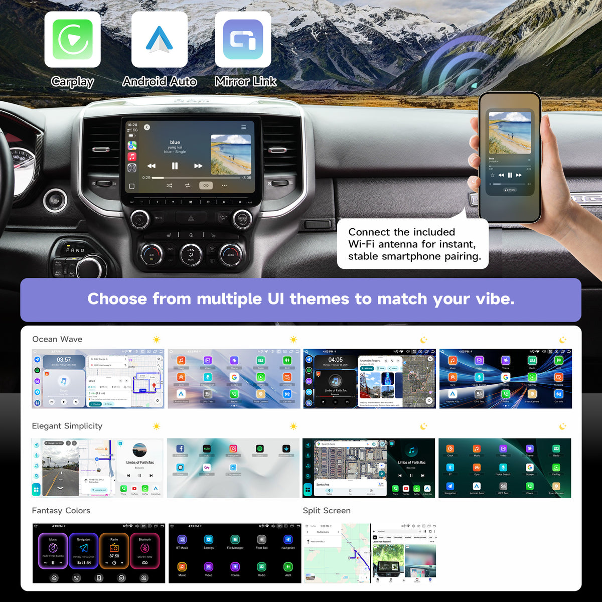 Roadanvi X14 6GB+128GB Car Radio for Dodge RAM AUTO AC 2019-2022 10.2 Inch QLED Screen, Wireless CarPlay, Android Auto, Android 14, Plug and Play Upgrade, 4G LTE/5G WiFi