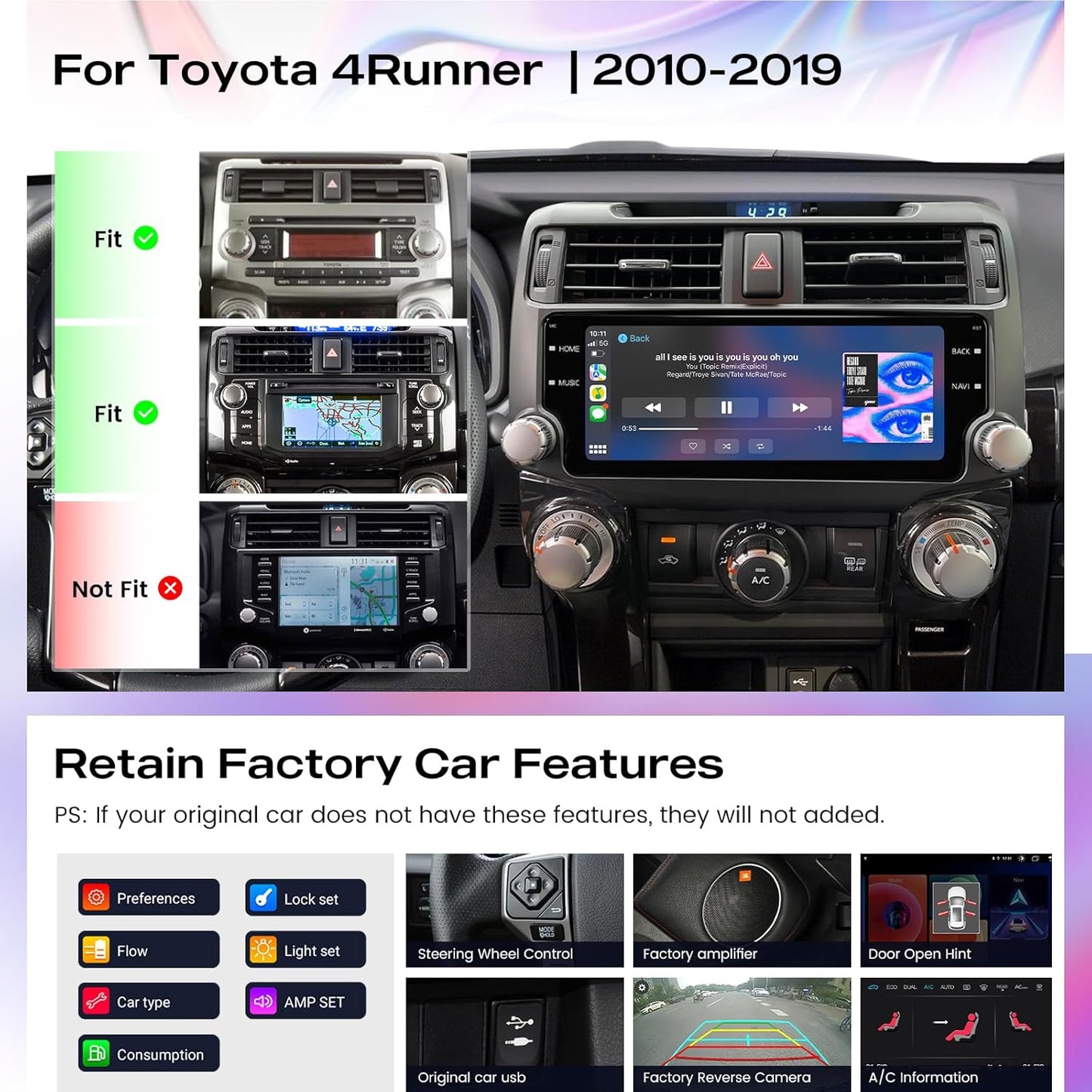 Roadanvi HD 10.25" 8G+128G Android Car Stereo for Toyota 4Runner 2014 2015 2016 2017 2018 2019 Wireless Carplay Android Auto Car Radio GPS Navigation DSP QLED Touch Screen Head Unit