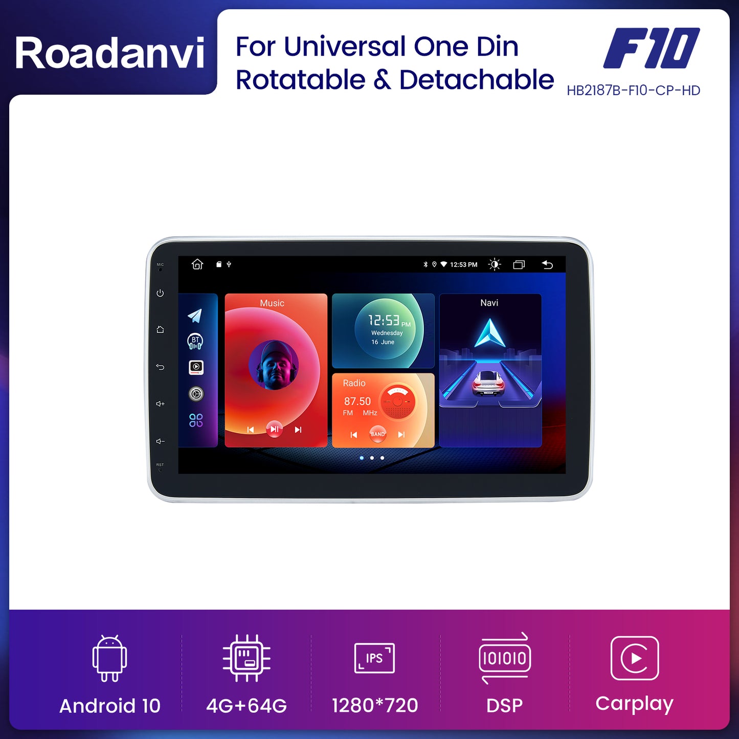 Roadanvi F10 For Single Din Universal Car Radio 10.2 inch Android Auto 4G RAM 64G ROM Detachable Touch screen Wifi Stereo