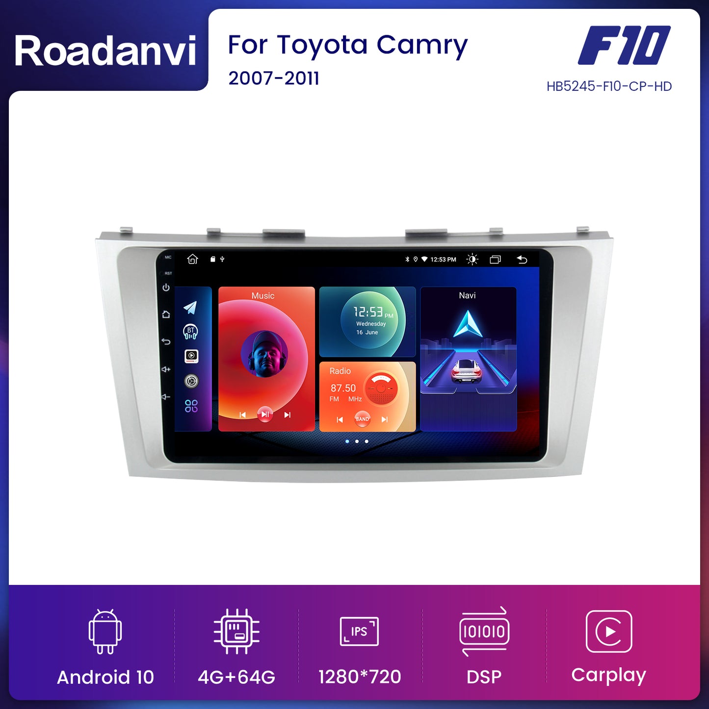 Roadanvi F10 For Toyota Camry 2007 2008 2009 2010 2011 Car Stereo 2.5D Touch Screen Apple Carplay 4G RAM TDA7851 GPS Navigation