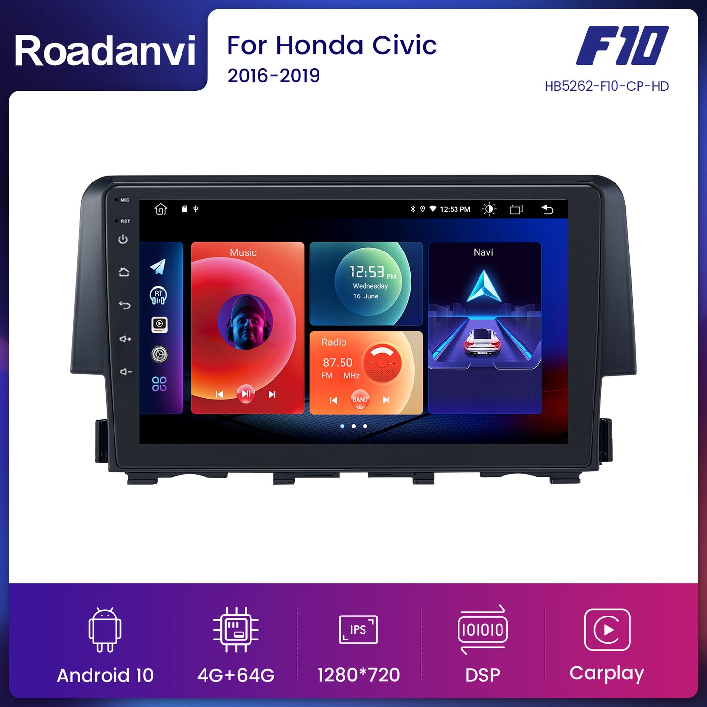 Roadanvi F10 For Honda Civic 2015 2016 2017 Car Stereo 10.2 Inch Touch screen DSP Apple Carplay 1280*720 USB Audio