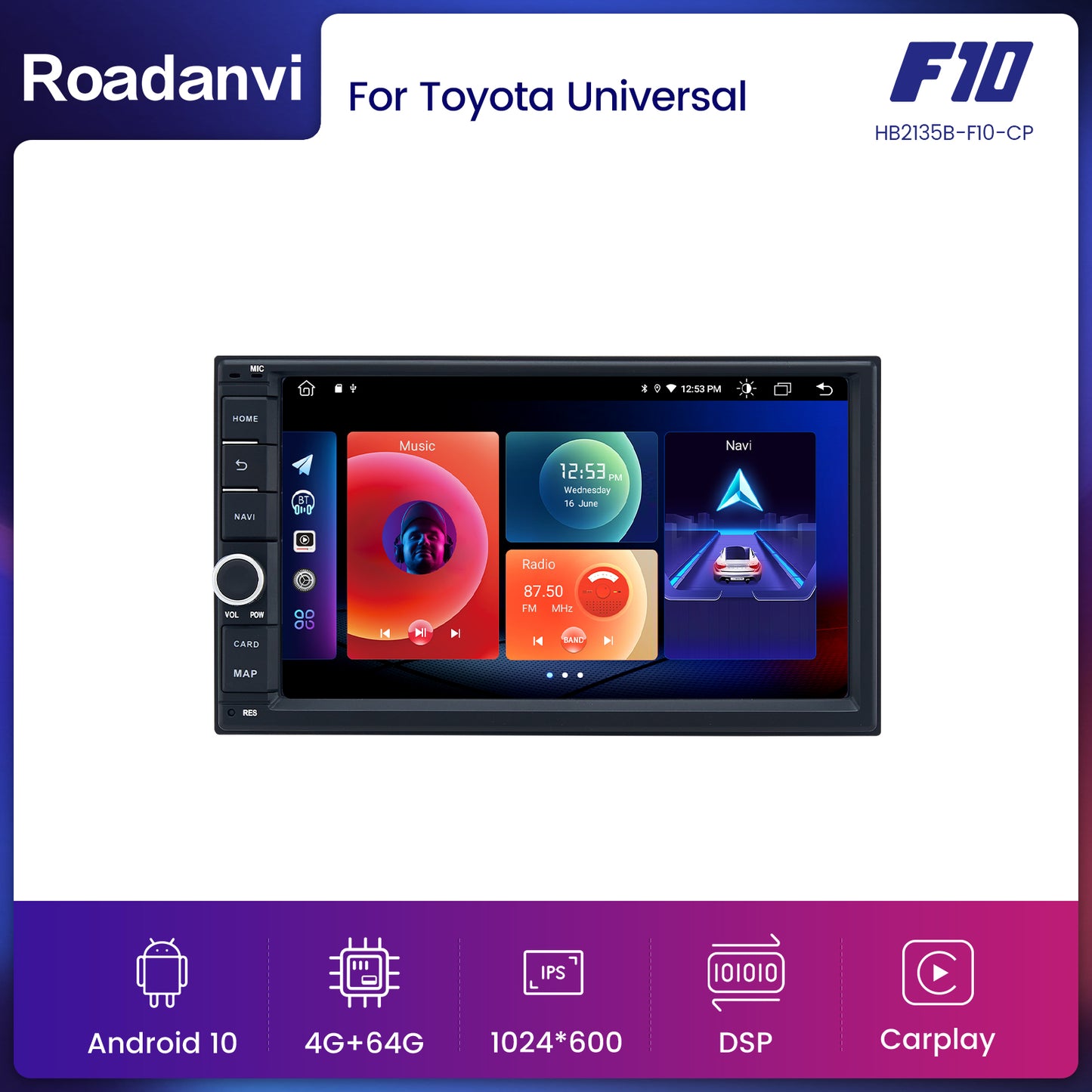 Roadanvi F10 For Toyota Universal Camry Corolla Car Stereo Apple Carplay Android 10 Touch screen 4G RAM DSP TDA7851 GPS Head Unit