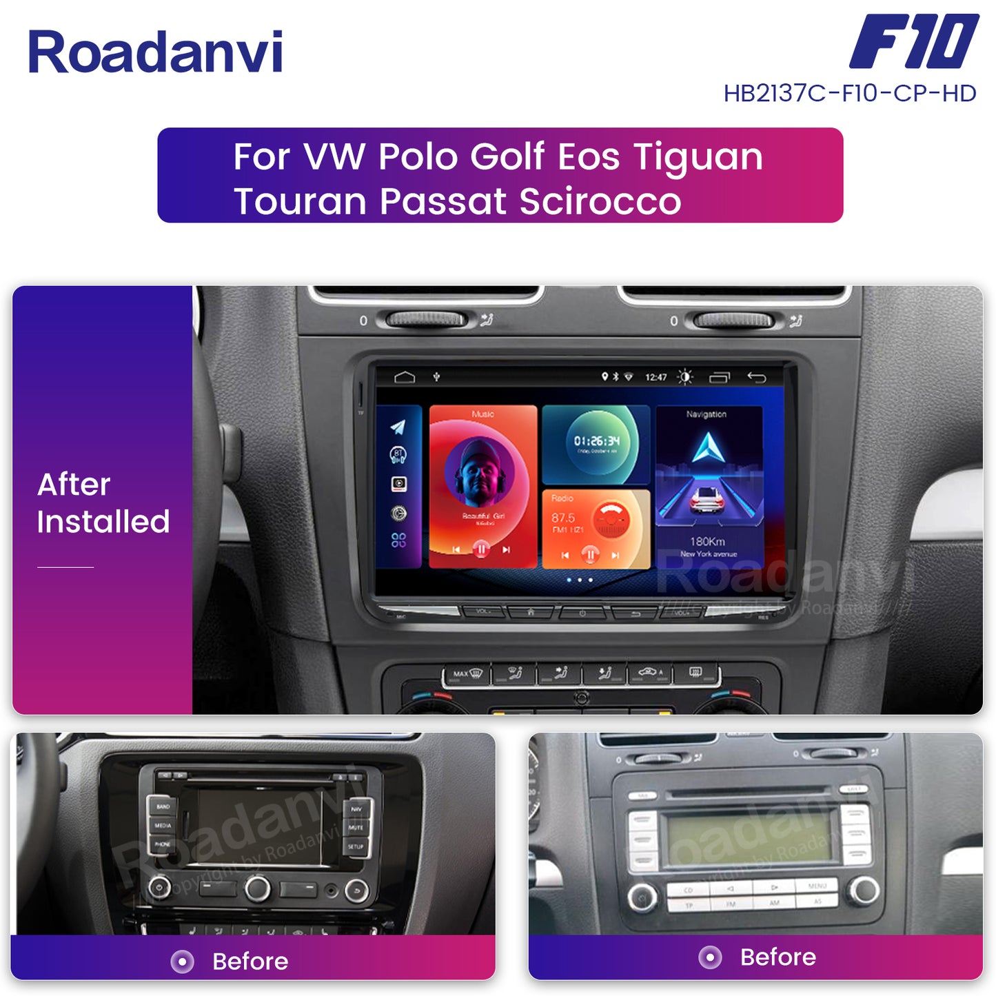 Roadanvi F10 For VW Universal Polo Golf Eos Tiguan Touran Passat 2006-2015 Car Stereo Android Touch screen Wifi 1280*720 GPS Navigation