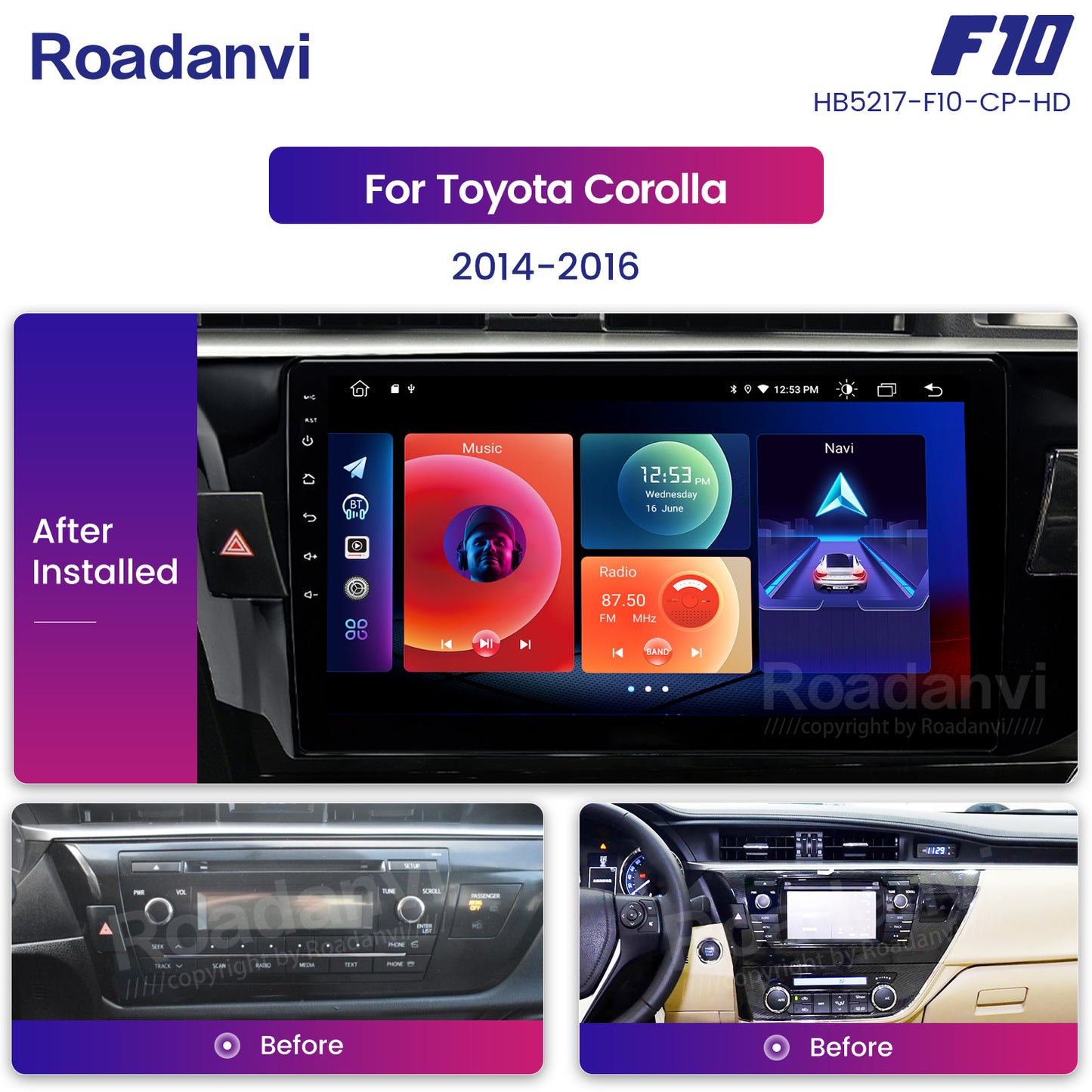 Roadanvi F10 For Toyota Corolla 2014 2015 2016 Car Radio Android Auto 10.2 inch Touch Screen DSP Android 10 Audio