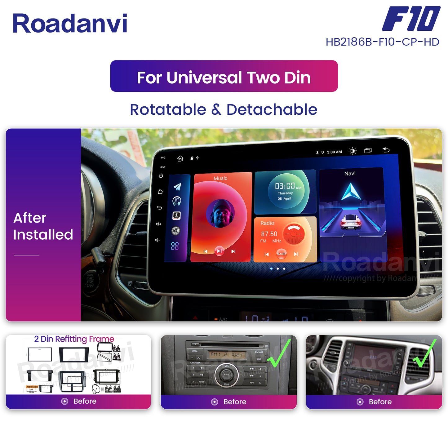 Roadanvi F10 For Double Din Universal Car Stereo 10.2 inch Android Auto Carplay 1280*720 Detachable Rotatable Audio