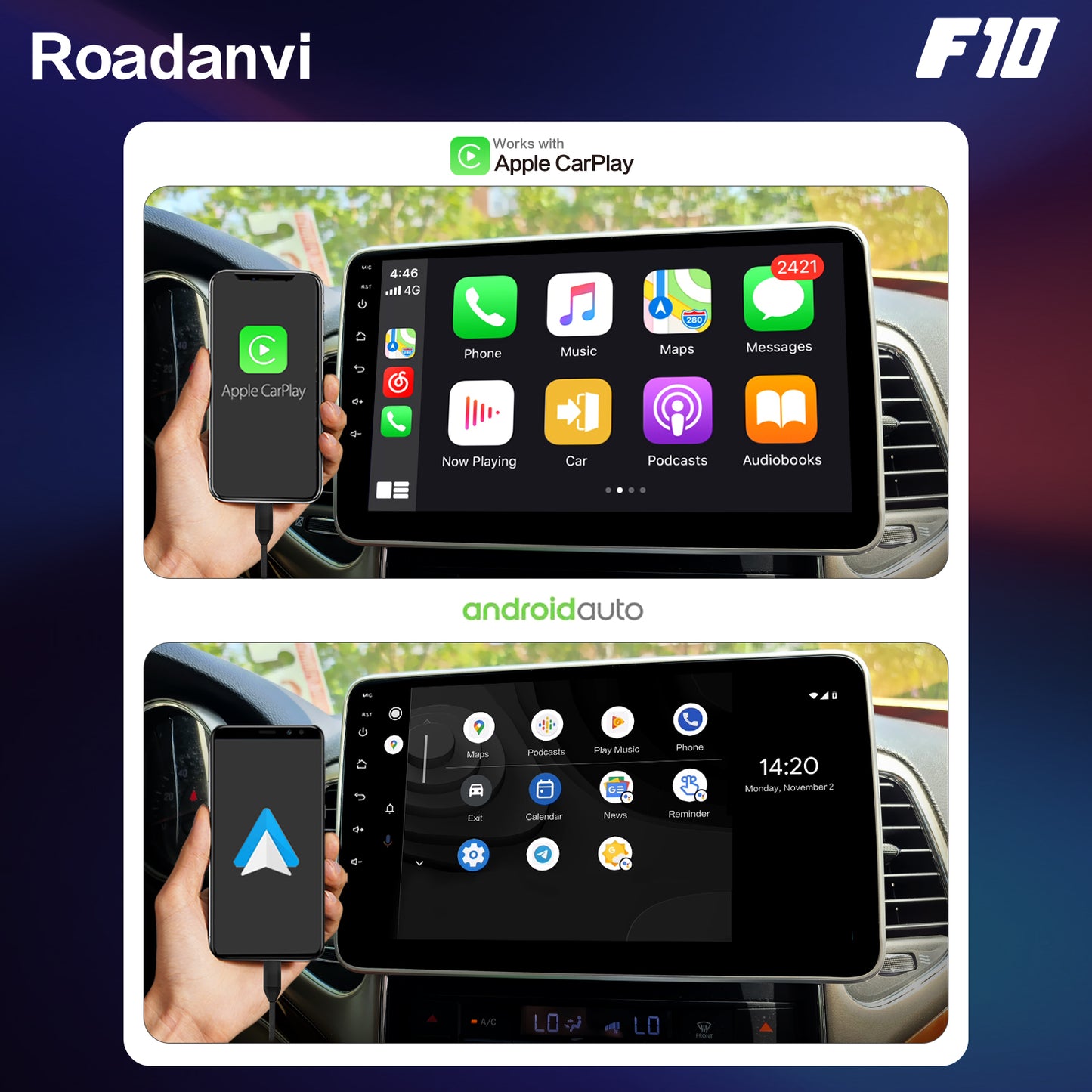 Roadanvi F10 For Single Din Universal Car Radio 10.2 inch Android Auto 4G RAM 64G ROM Detachable Touch screen Wifi Stereo