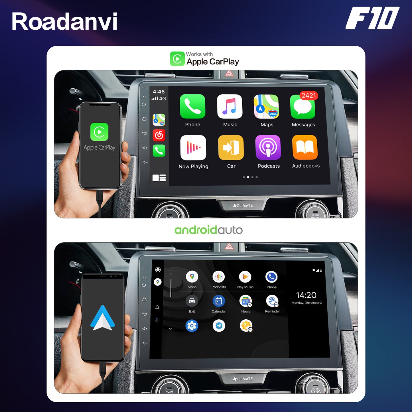 Roadanvi F10 For Honda Civic 2015 2016 2017 Car Stereo 10.2 Inch Touch screen DSP Apple Carplay 1280*720 USB Audio