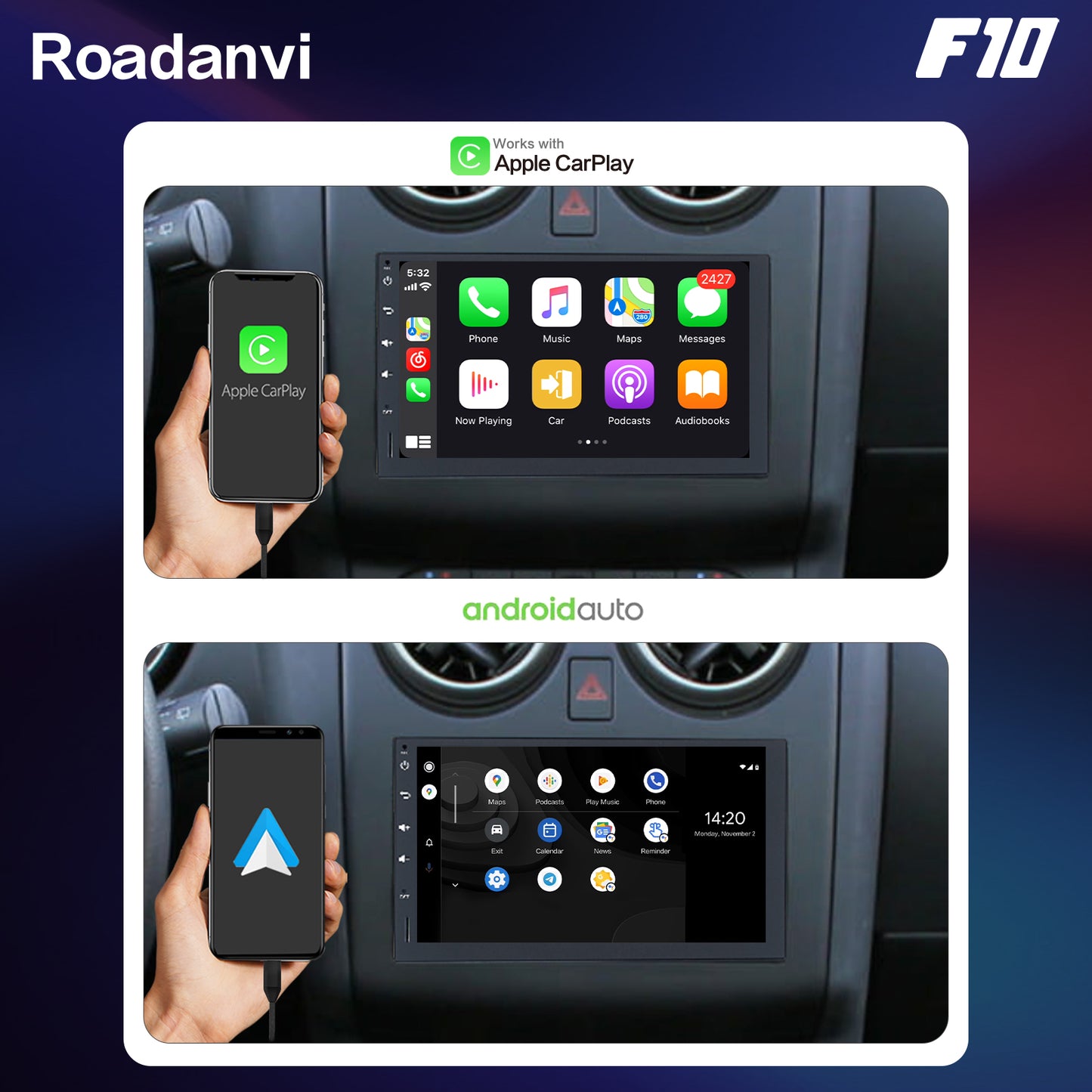 Roadanvi F10 For Single Din Universal Car Radio Android 7 inch Touch screen 2.5D 4*50W Apple Carplay Auto GPS