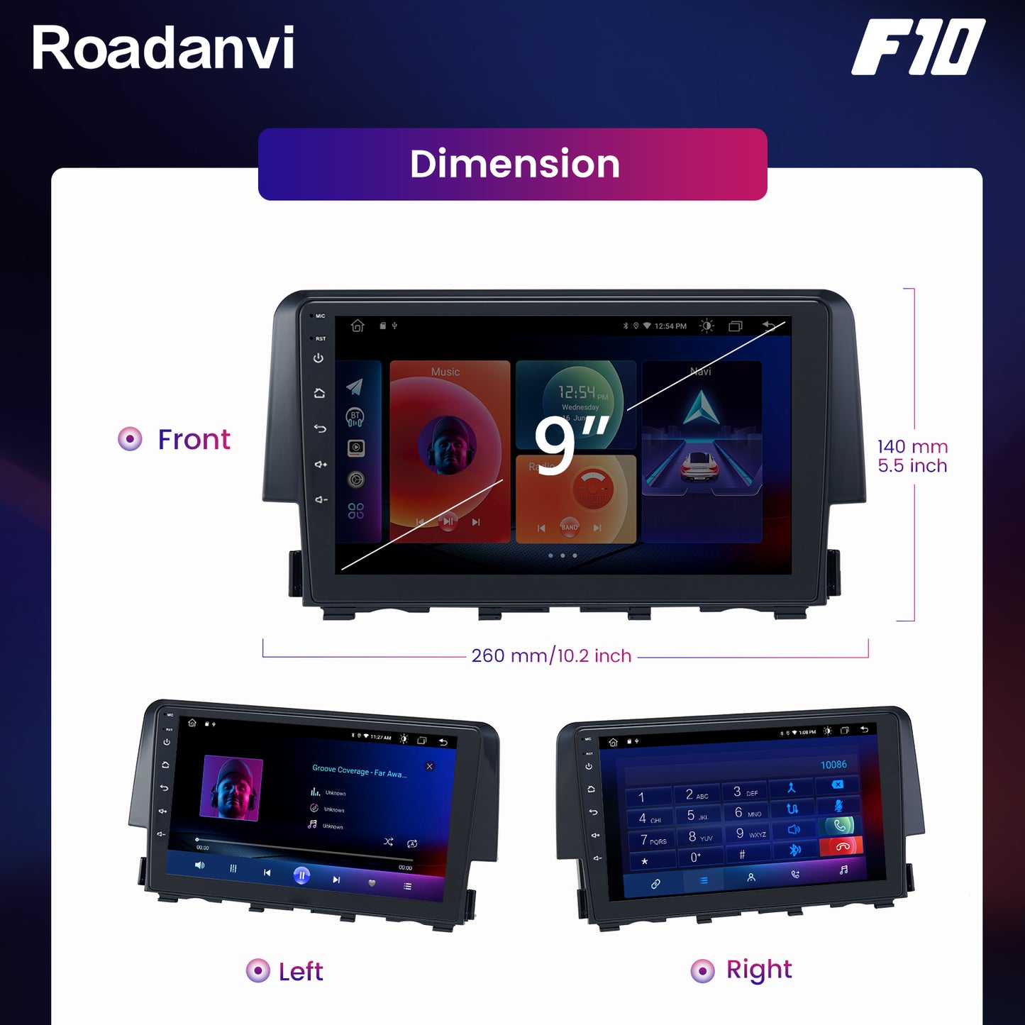 Roadanvi F10 For Honda Civic 2015 2016 2017 Car Stereo 10.2 Inch Touch screen DSP Apple Carplay 1280*720 USB Audio