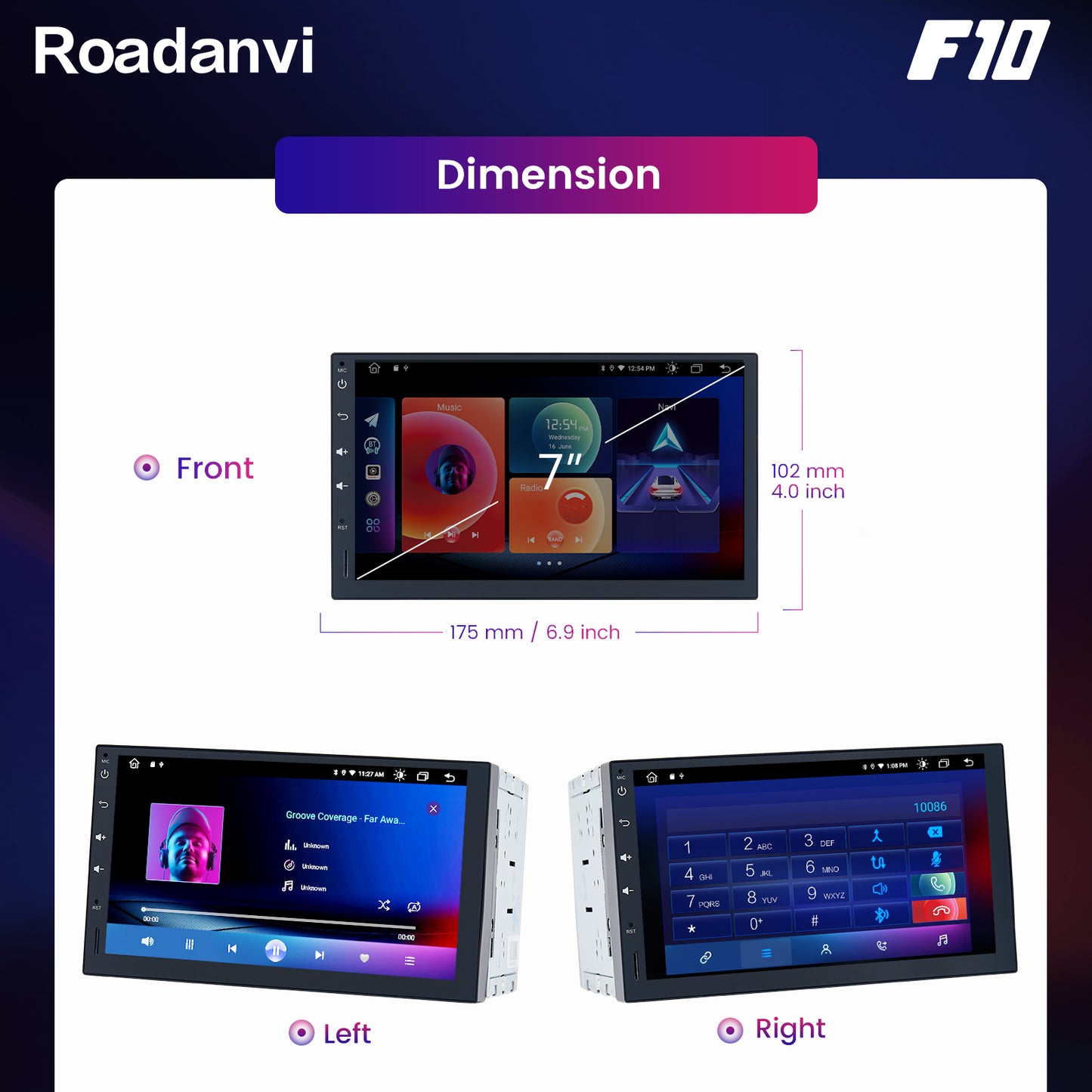 Roadanvi F10 For Single Din Universal Car Radio Android 7 inch Touch screen 2.5D 4*50W Apple Carplay Auto GPS