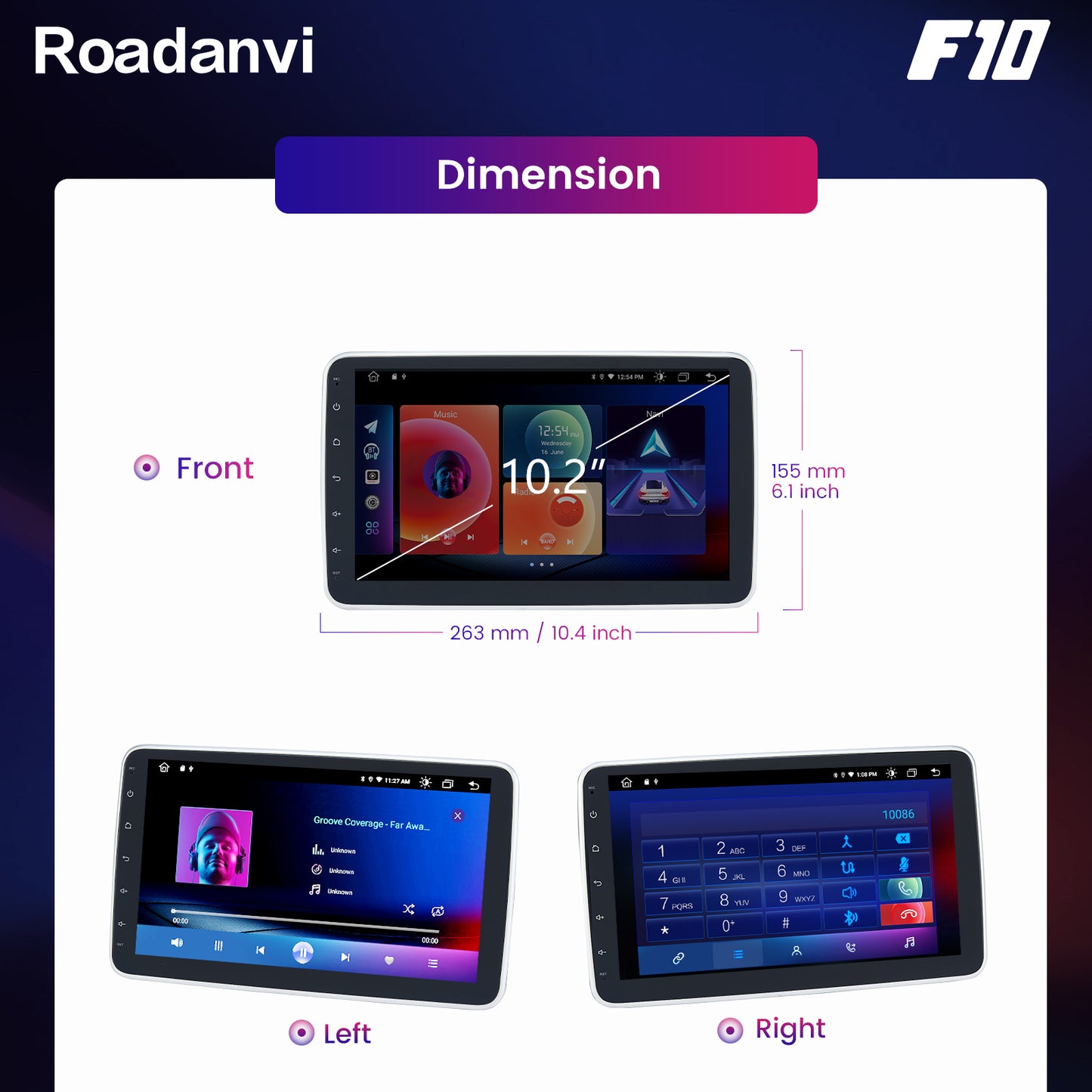Roadanvi F10 For Double Din Universal Car Stereo 10.2 inch Android Auto Carplay 1280*720 Detachable Rotatable Audio