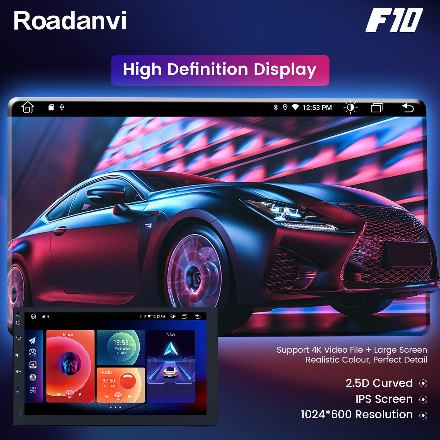 Roadanvi F10 For Single Din Universal Car Radio Android 7 inch Touch screen 2.5D 4*50W Apple Carplay Auto GPS