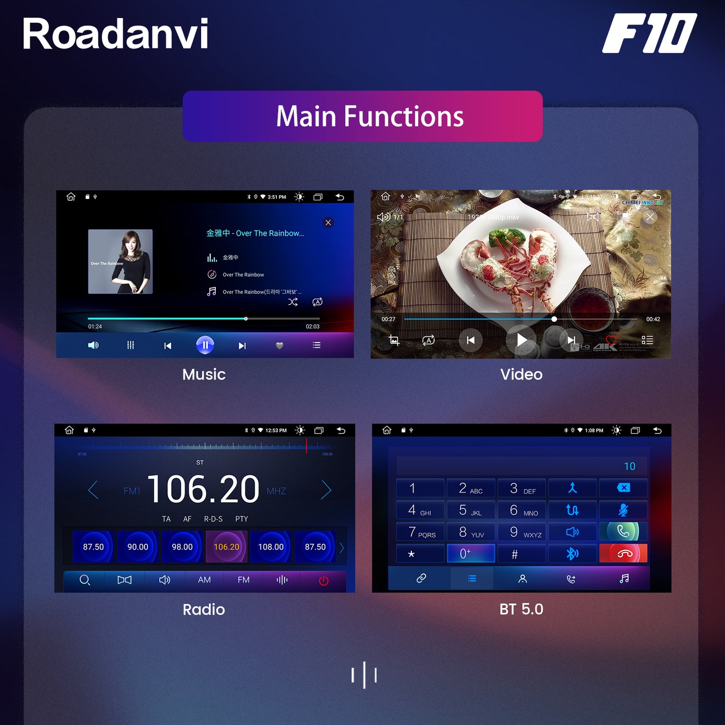 Roadanvi F10 For Single Din Universal Car Radio Android 7 inch Touch screen 2.5D 4*50W Apple Carplay Auto GPS