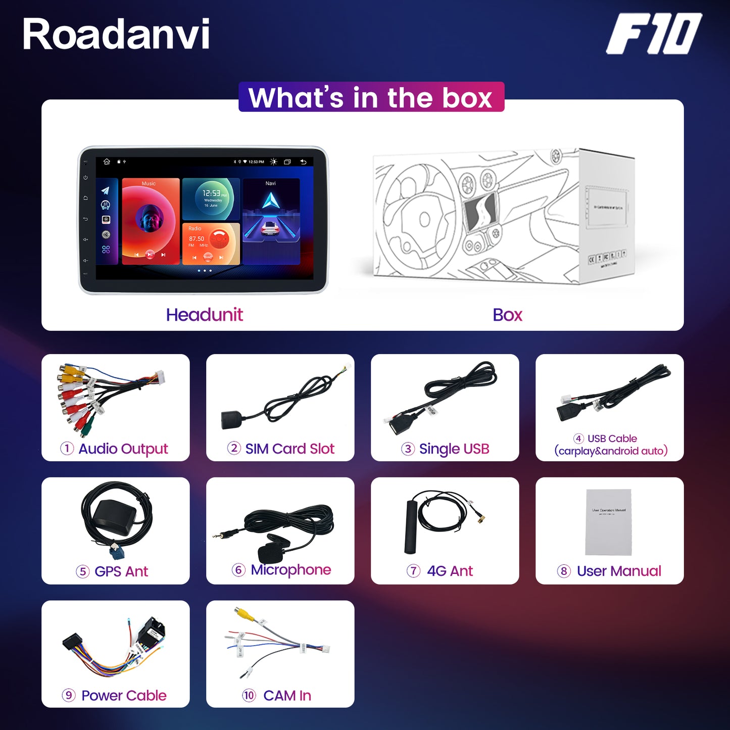 Roadanvi F10 For Single Din Universal Car Radio 10.2 inch Android Auto 4G RAM 64G ROM Detachable Touch screen Wifi Stereo