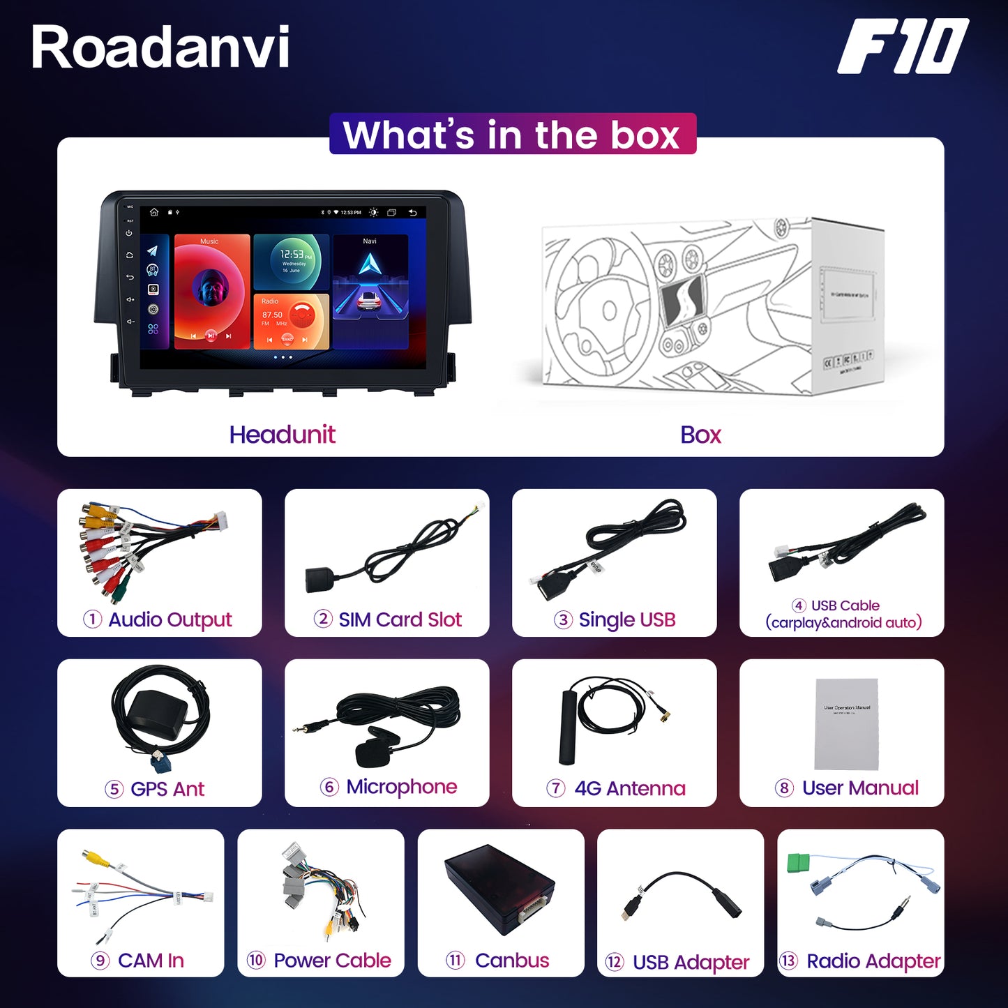 Roadanvi F10 For Honda Civic 2015 2016 2017 Car Stereo 10.2 Inch Touch screen DSP Apple Carplay 1280*720 USB Audio