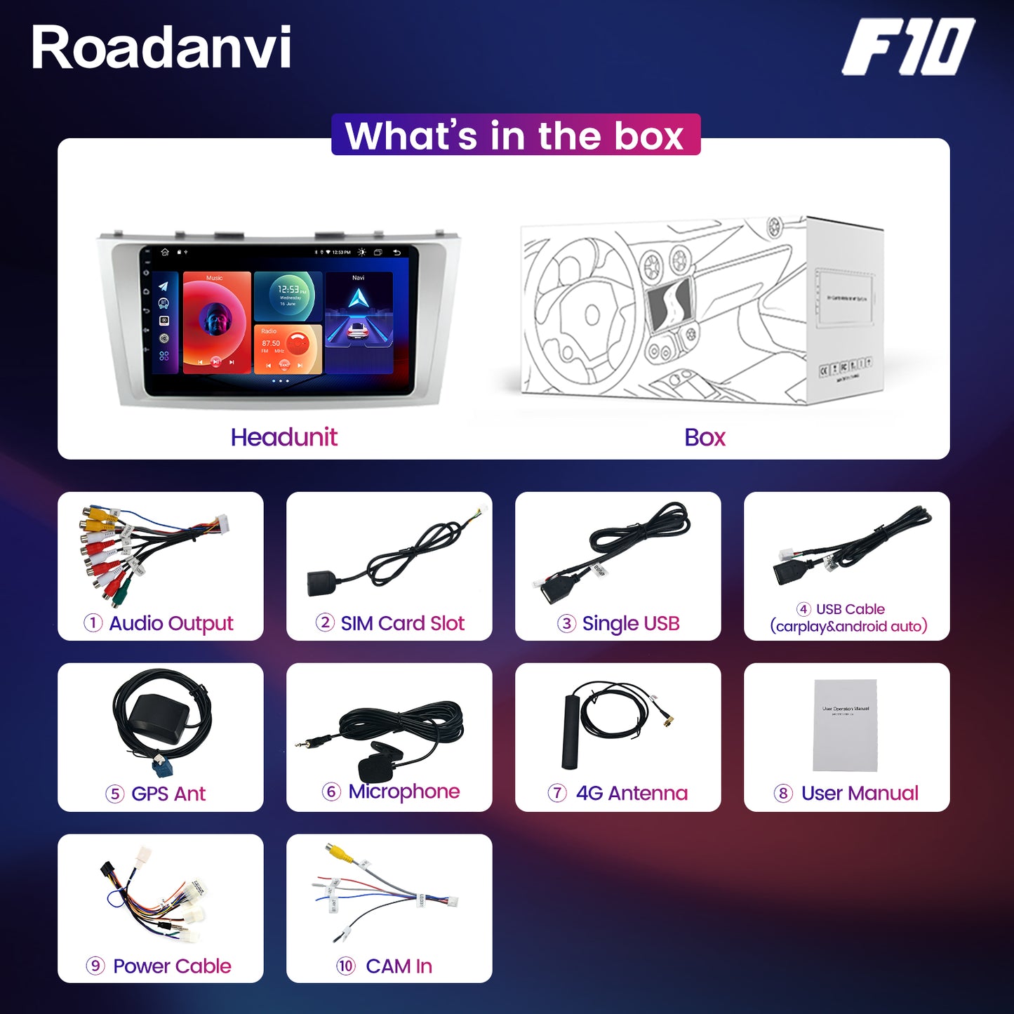 Roadanvi F10 For Toyota Camry 2007 2008 2009 2010 2011 Car Stereo 2.5D Touch Screen Apple Carplay 4G RAM TDA7851 GPS Navigation