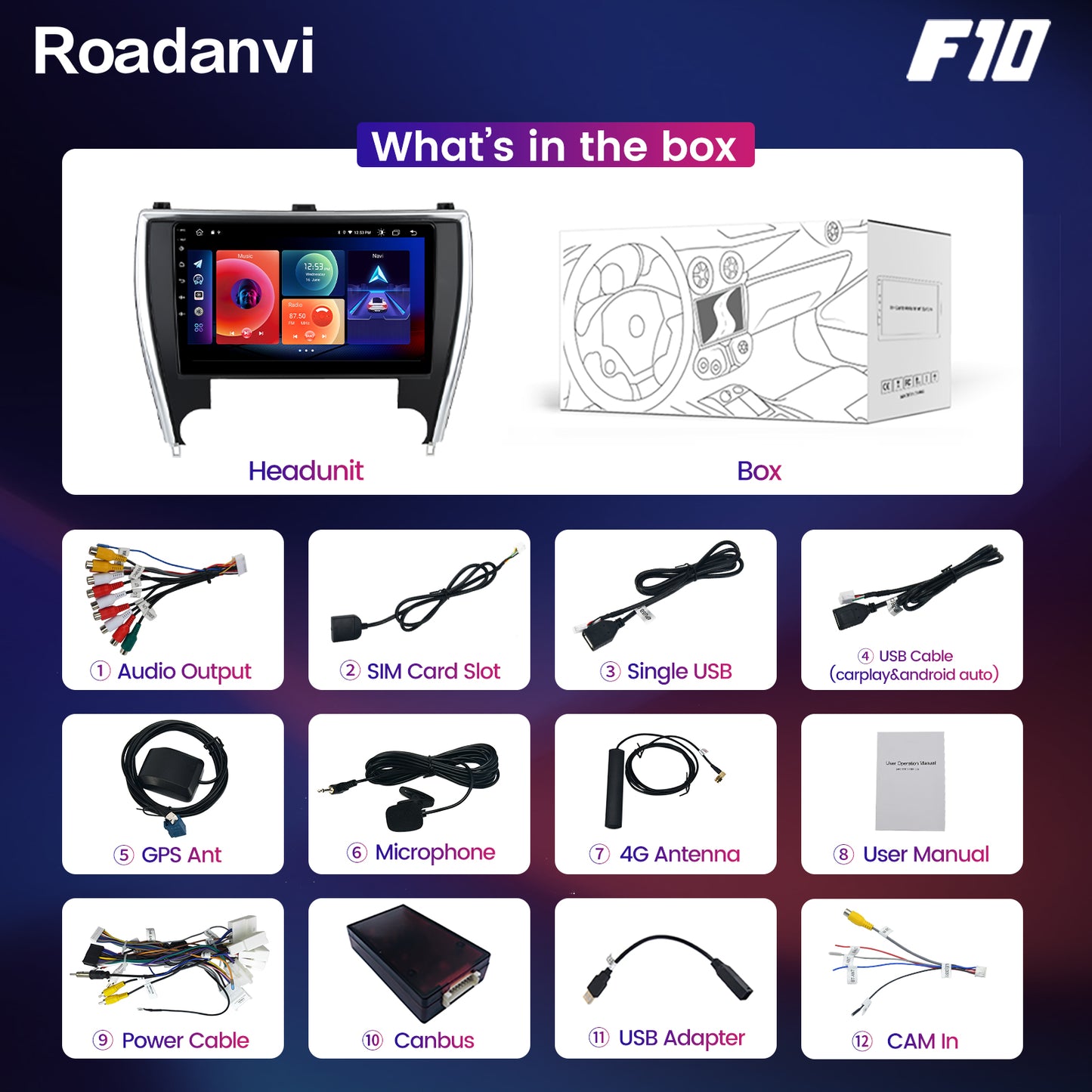 Roadanvi F10 For Toyota Camry 2015 2016 2017 Car Stereo IPS Screen DSP 1280*720 GPS Wifi Apple Carplay Radio Android