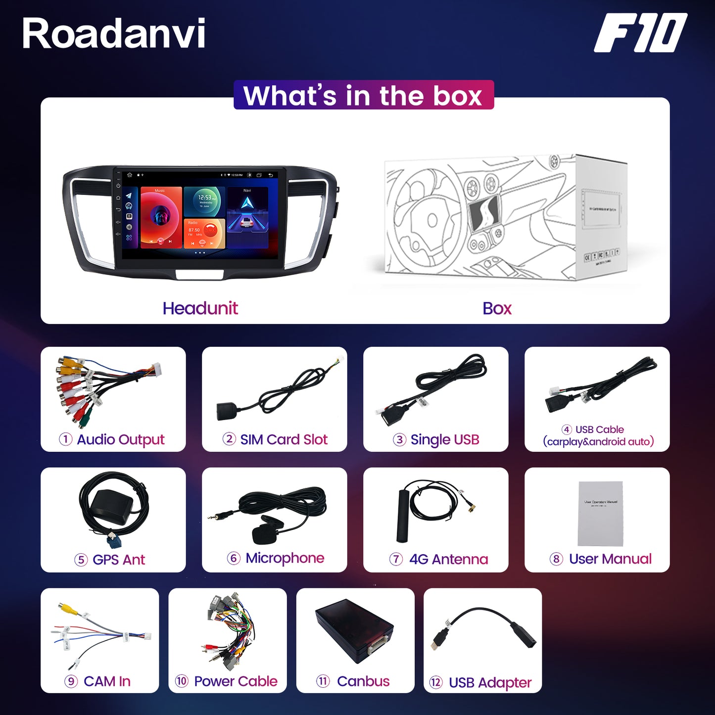 Roadanvi F10 For Honda Accord 2013 2014 2015 2016 2017 Car Stereo Android 10 IPS Screen 10.2 Inch 1280*720 4G RAM Wifi Head Unit