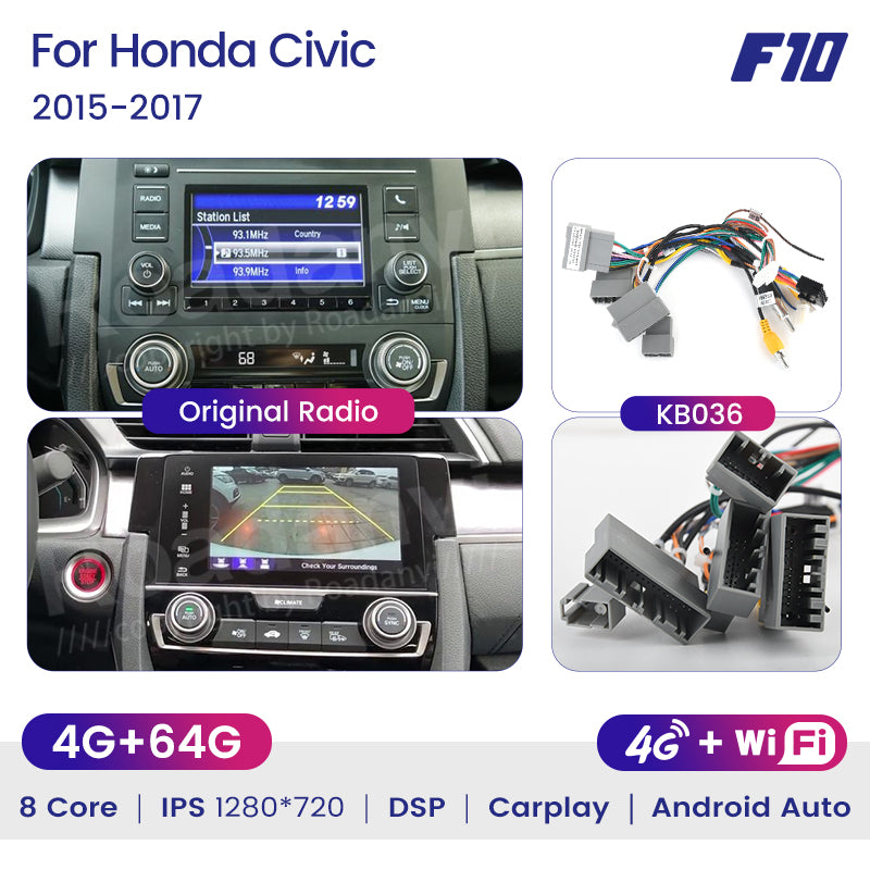 Roadanvi F10 For Honda Civic 2015 2016 2017 Car Stereo 10.2 Inch Touch screen DSP Apple Carplay 1280*720 USB Audio