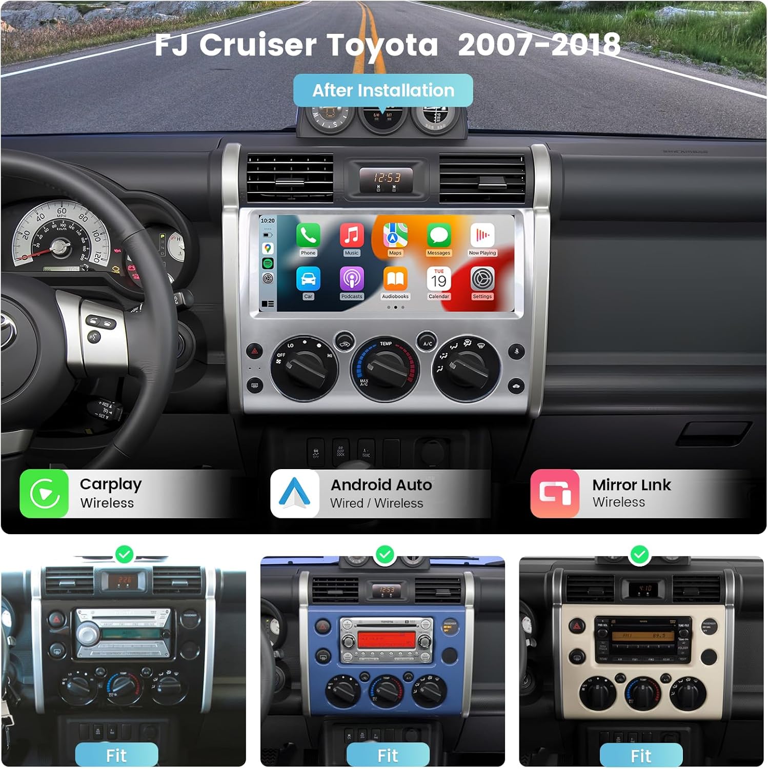 Roadanvi X12 Car Stereo 12.3" QLED Touchscreen Head Unit for Toyota FJ Cruiser 2007-2018 Wireless CarPlay Andorid Auto Radio Bluetooth 2K GPS Navigation Silver