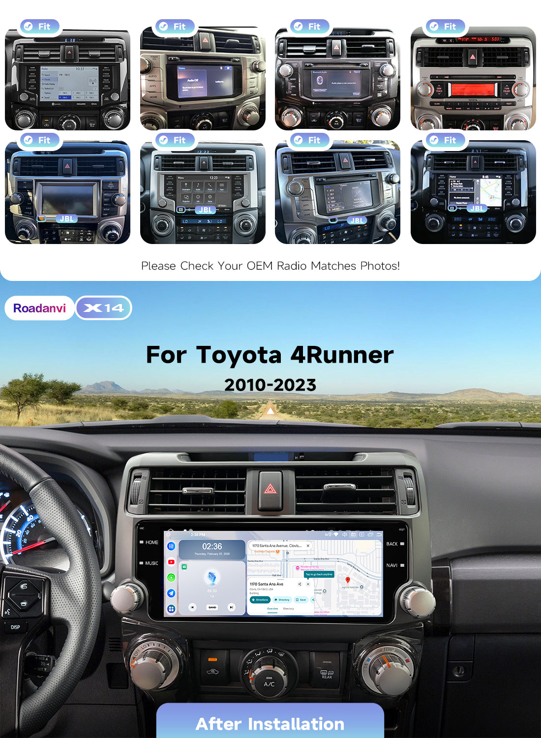 Roadanvi X14 6G+128G 10.25" Head Unit for Toyota 4Runner 2010-2023 Wireless Carplay Android Auto 4G LTE Car Radio 2K 1920×720 QLED Touch Screen Car Stereo Android 14 GPS Navigation,Black