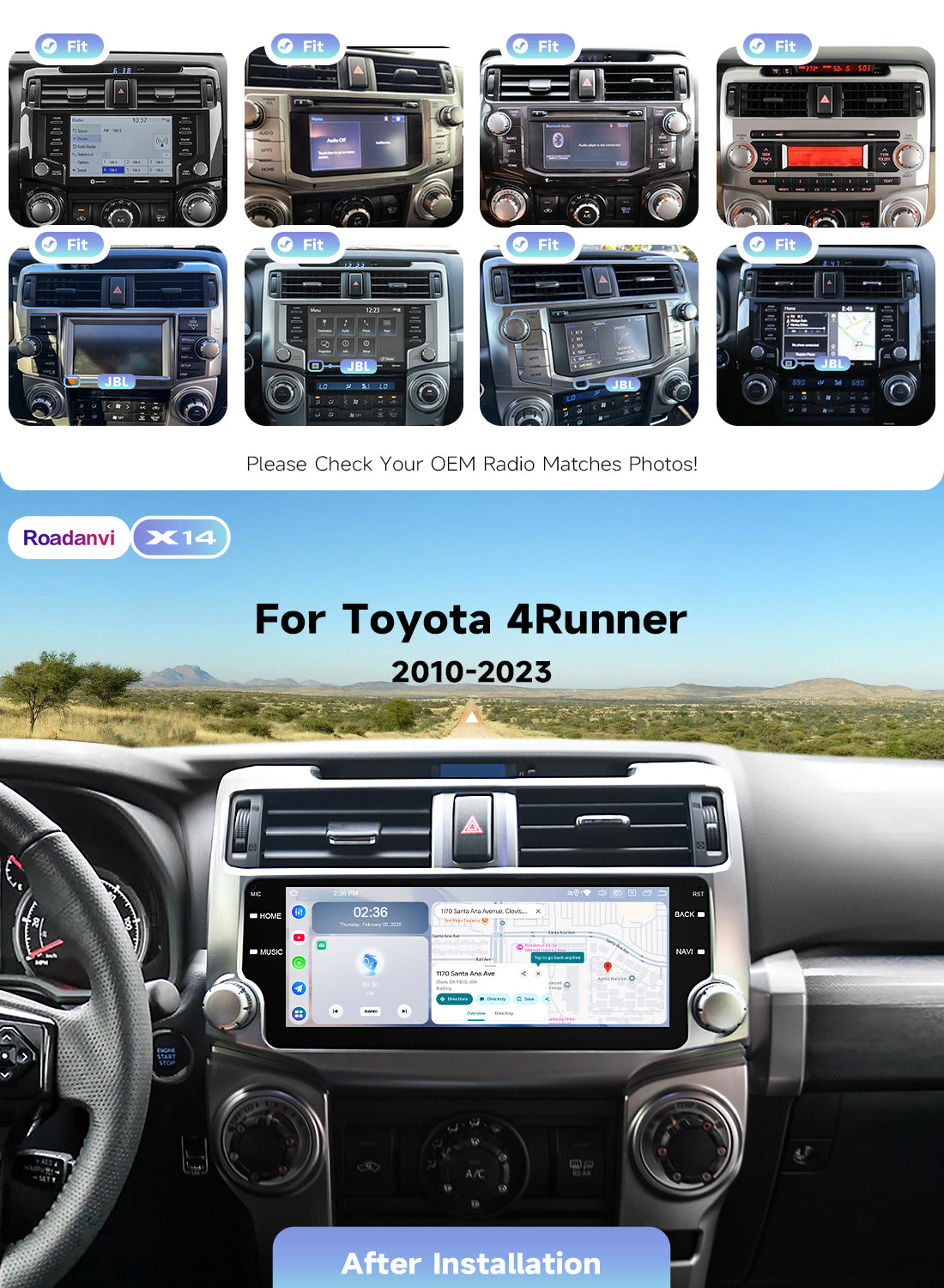 Roadanvi Android 14 2K 10.25" Head Unit for Toyota 4Runner 2010-2023 Wireless Carplay Android Auto 4G LTE WiFi Car Radio 1920×720 QLED Touch Screen Car Stereo DTS GPS Navigation 6G+128G,Silver