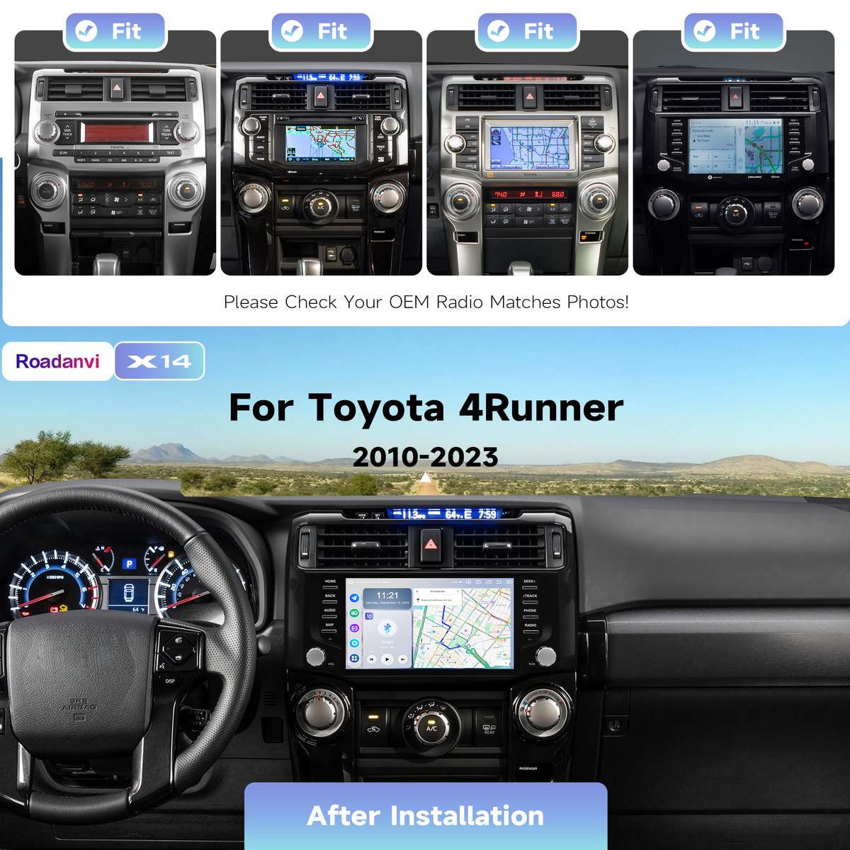 Roadanvi Android 14 Car Stereo for Toyota 4Runner 2010-2023 with Wireless Carplay & Android Auto, 4G LTE, 9" Touch Screen Head Unit, GPS Navigation, Radio, Bluetooth 5.2, 5G WiFi, 6G+128G Black