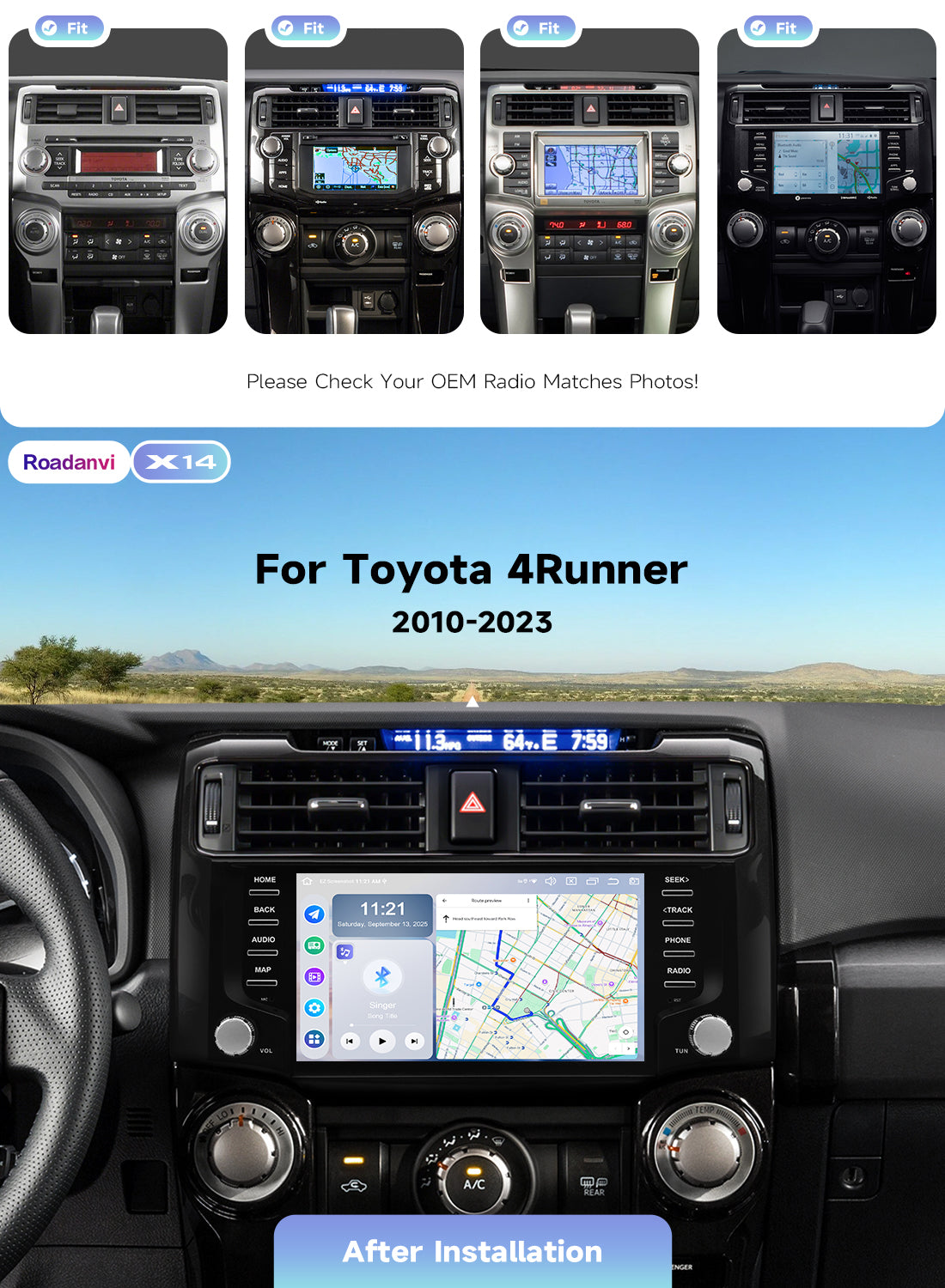 Roadanvi Android 14 Car Stereo for Toyota 4Runner 2010-2023 with Wireless Carplay & Android Auto, 4G LTE, 9" Touch Screen Head Unit, GPS Navigation, Radio, Bluetooth 5.2, 5G WiFi, 6G+128G Black