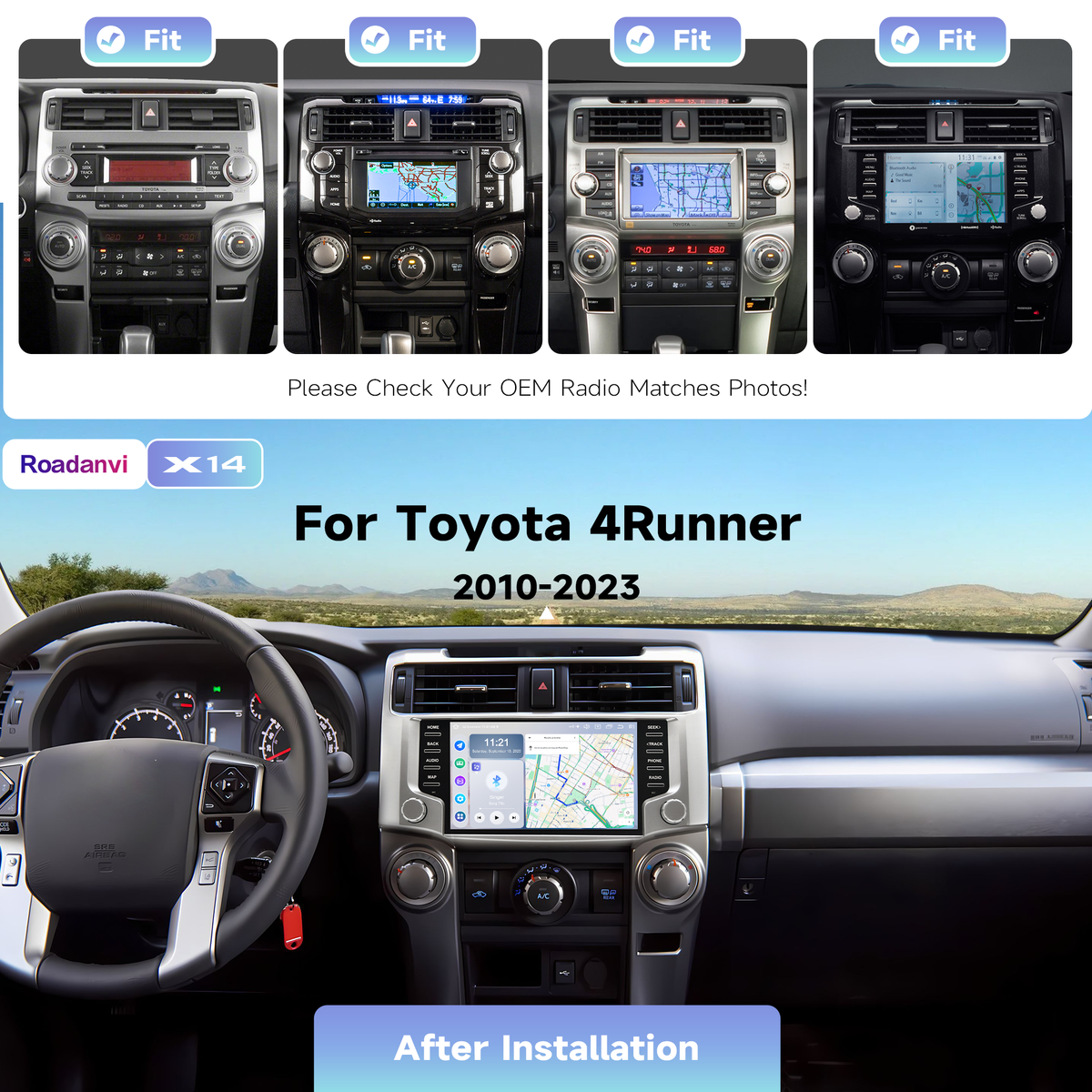 Roadanvi Android 14 Car Stereo for Toyota 4Runner 2010-2023 with Wireless Carplay & Android Auto, 4G LTE, 9" Touch Screen Head Unit, GPS Navigation, Radio, Bluetooth 5.2, 5G WiFi, 6G+128G Black
