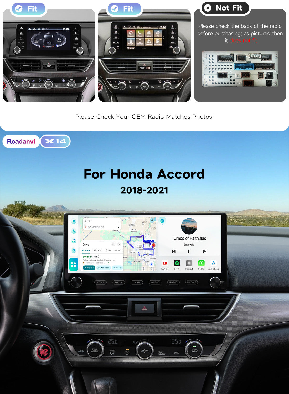 Roadanvi Android 14 12.3" Car Stereo for Honda Accord 10th 2018-2021 Wireless Carplay Andorid Auto 6G+128G WiFi 4G LTE 2K QLED Touch Screen Car Radio GPS Navigation Bluetooth 5.2 Head Unit wirh knobs