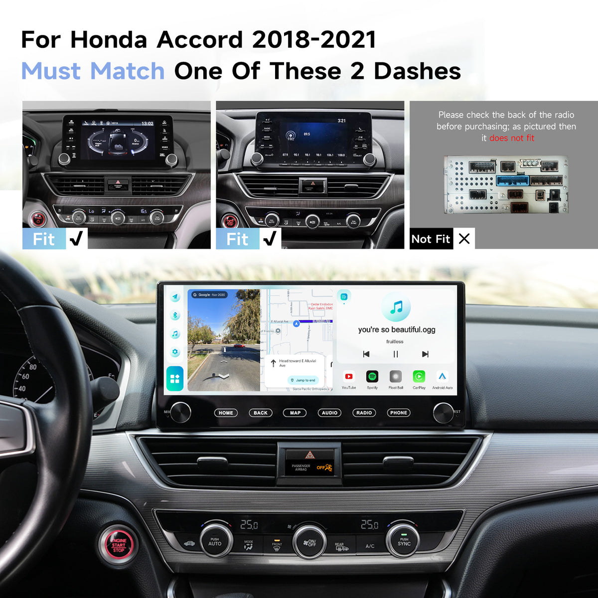 Roadanvi Android 14 12.3" Car Stereo for Honda Accord 10th 2018-2021 Wireless Carplay Andorid Auto 6G+128G WiFi 4G LTE 2K QLED Touch Screen Car Radio GPS Navigation Bluetooth 5.2 Head Unit with knobs