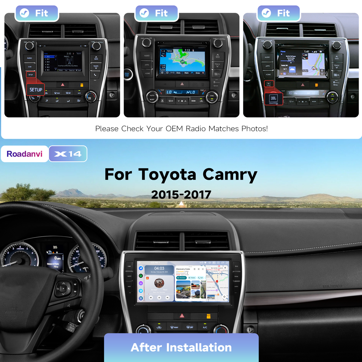Roadanvi Android 14 6G+128G Car Radio for Toyota Camry 2015 2016 2017 Wireless Carplay Android Auto Car Stereo GPS Navigation WiFi 4G LTE 10.33" QLED Touch Screen Head Unit Bluetooth 5.2 DTS X14