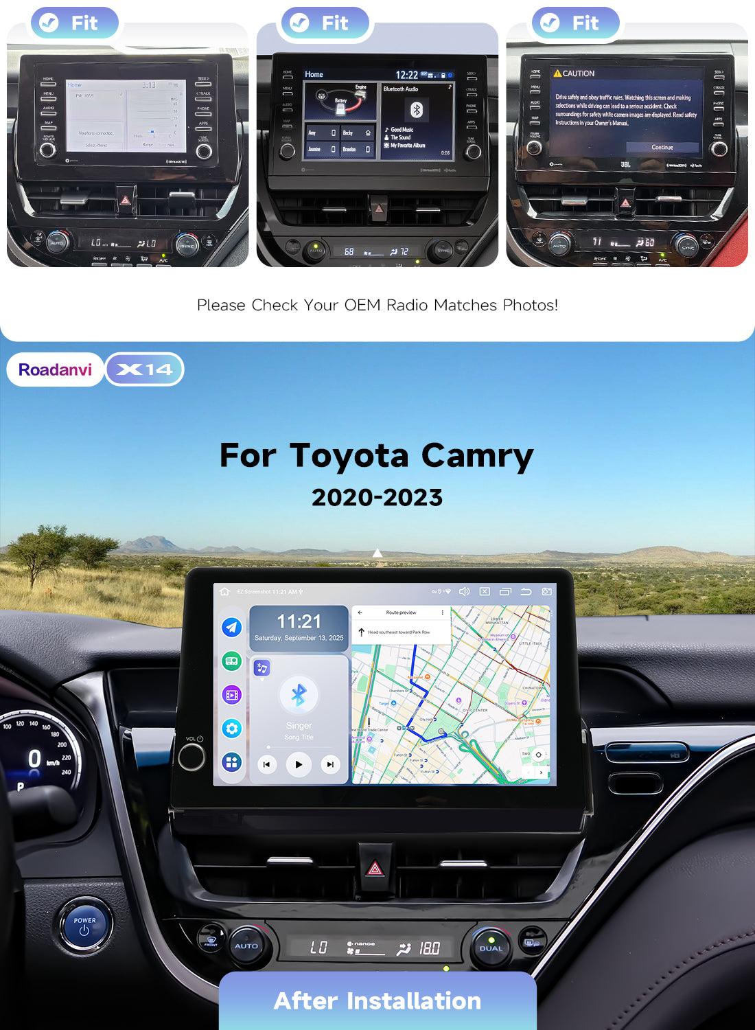 Roadanvi Android 14 6GB+128GB 11.6" Car Stereo for Toyota Camry 2021-2023 Wireless Carplay Android Auto Head Unit GPS Navigation QLED Screen with Knob,X14